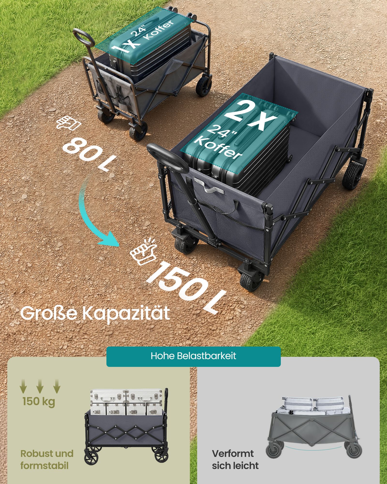 Sulankstomas transportavimo vežimėlis su sustiprintais ratais, pilkai rusvas, 85 × 50 × 90 cm 2