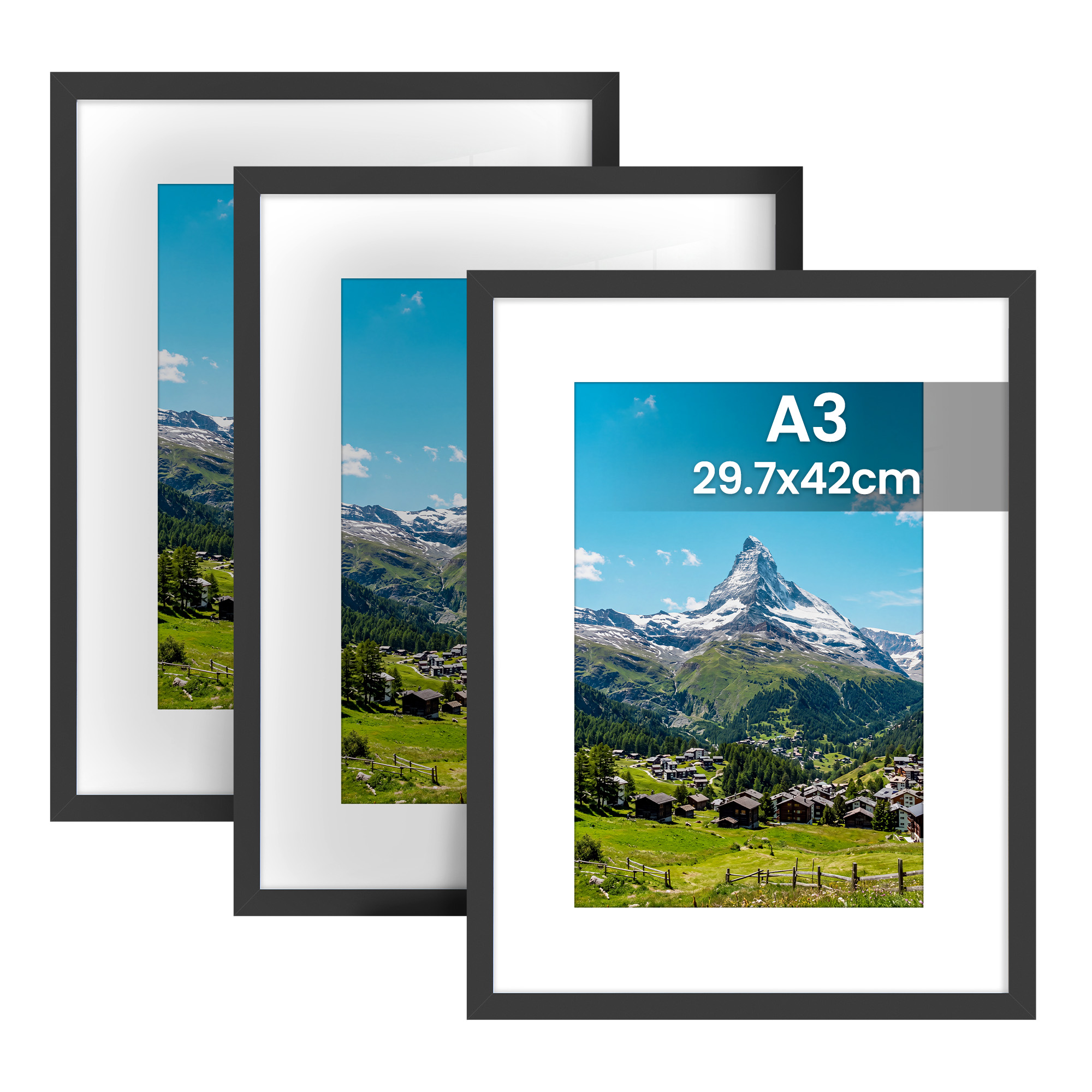 Foto rāmji A3 formāta ar sienas āķiem, melni, 44 × 31,7 cm, 3 gab.