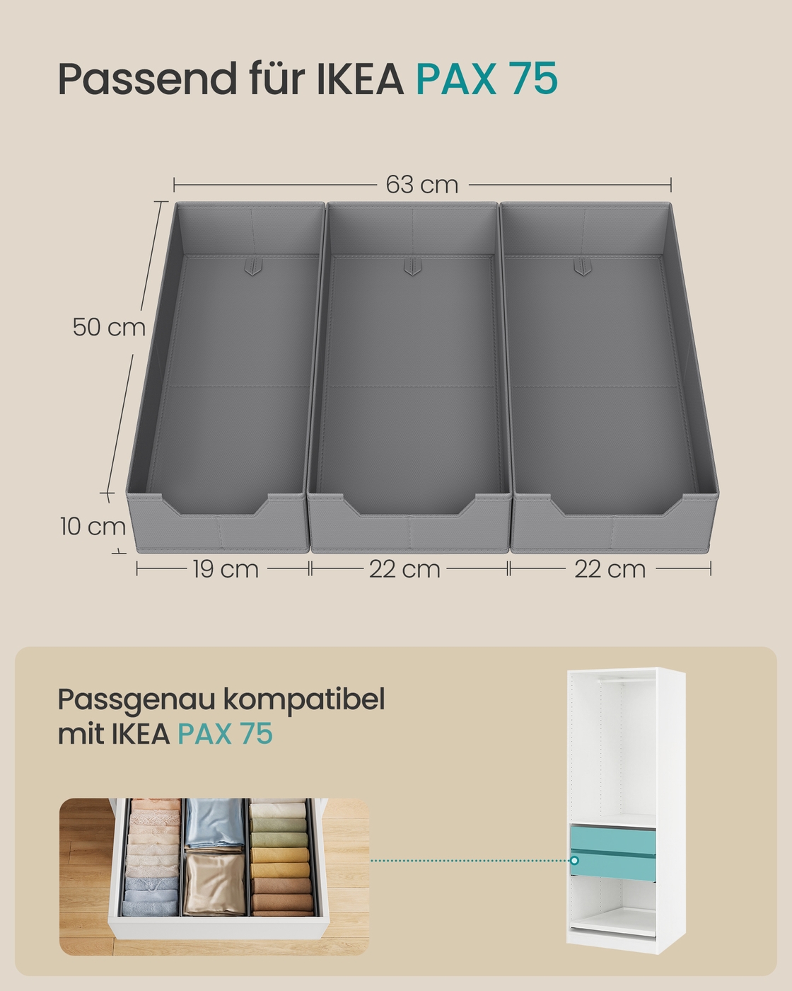 Stalčių dėžučių rinkinys apatiniams, balandinės pilkos spalvos, 3 vnt. 2