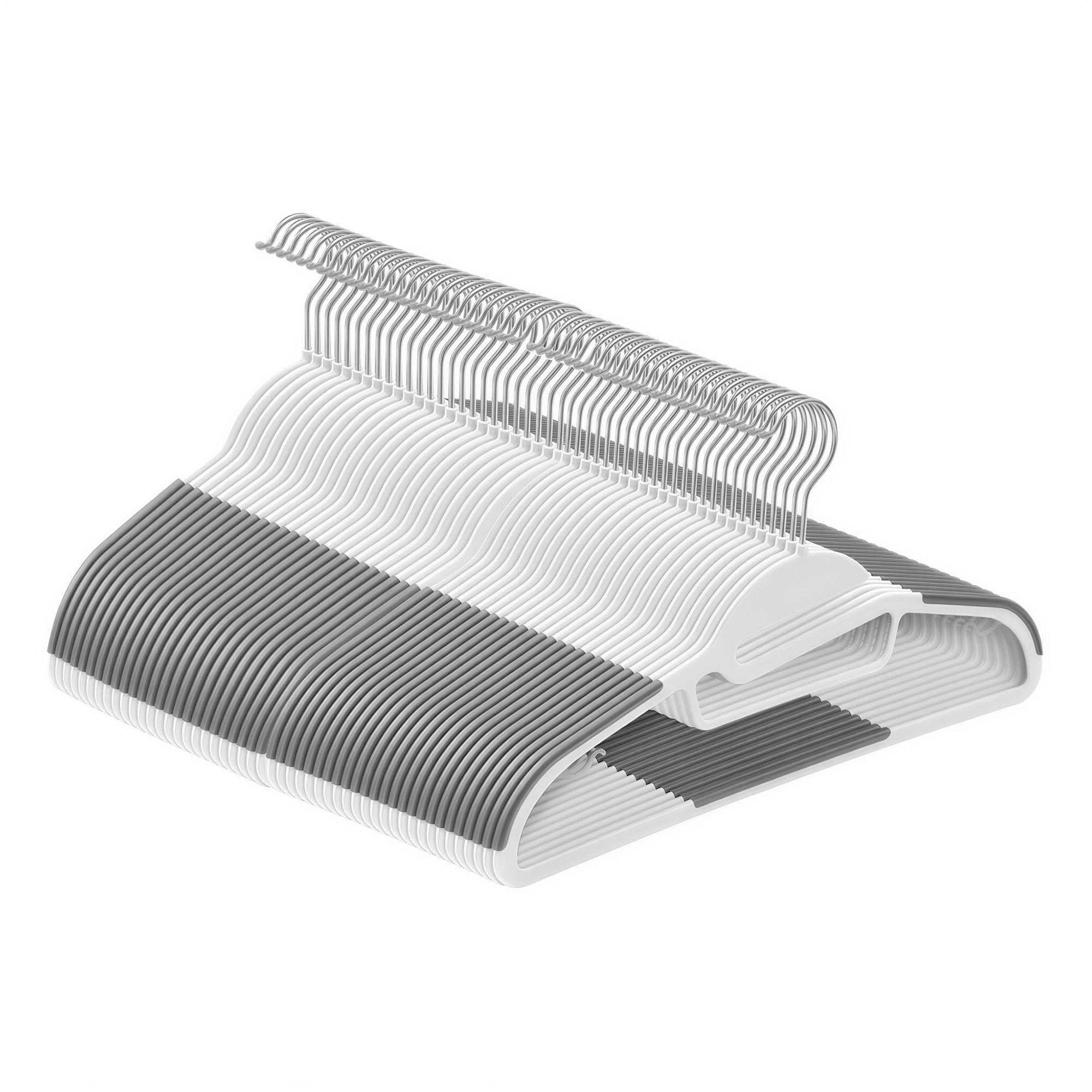 Drabužių pakabos su neslystančiais antgaliais ir kabliukais petnešėlėms, balta–tamsiai pilka, 41,5 × 0,5 × 22,5 cm, 50 vnt.