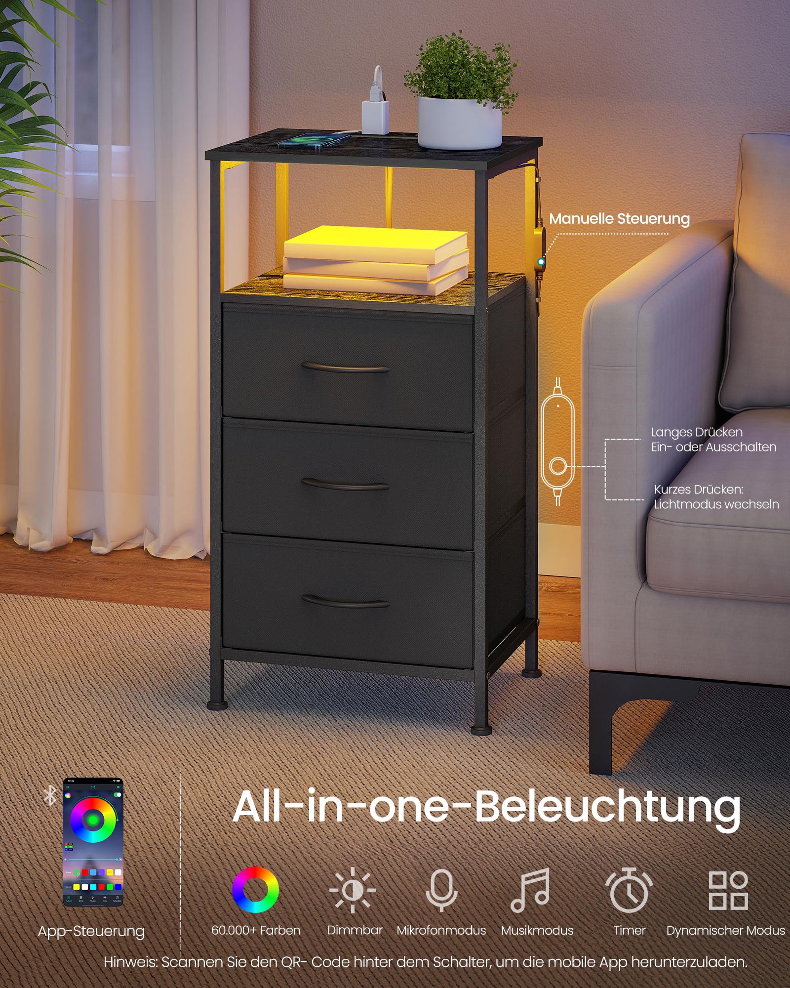 Naktinis staliukas su LED apšvietimu ir 3 stalčiais, rašalo juodas, 39,6 × 30 × 75,9 cm 3