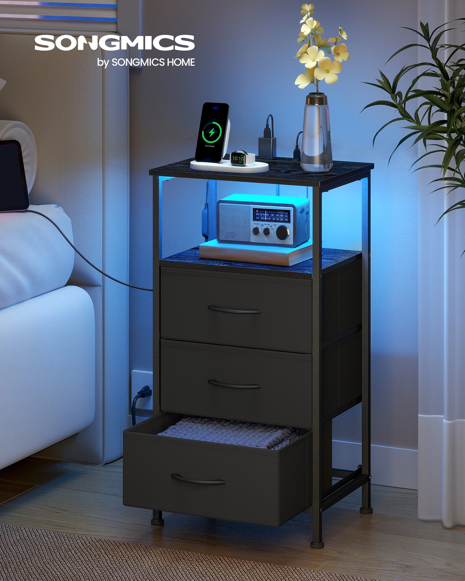 Naktinis staliukas su LED apšvietimu ir 3 stalčiais, rašalo juodas, 39,6 × 30 × 75,9 cm