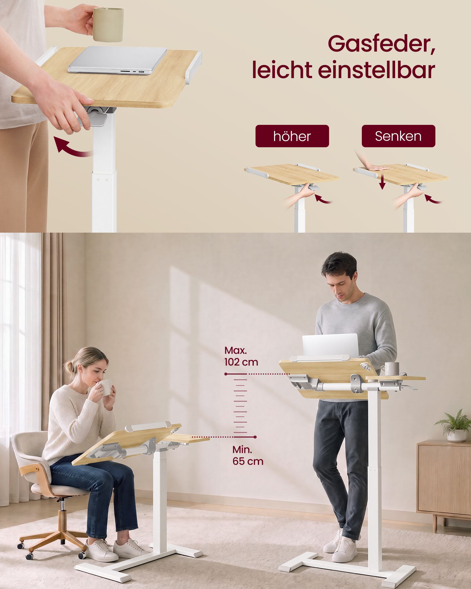 Klēpjdatora galds, ar regulējamu augstumu un regulējamu slīpumu, zelta ozola un baltā krāsā, 70 x 40 x 68–102,5 cm 2