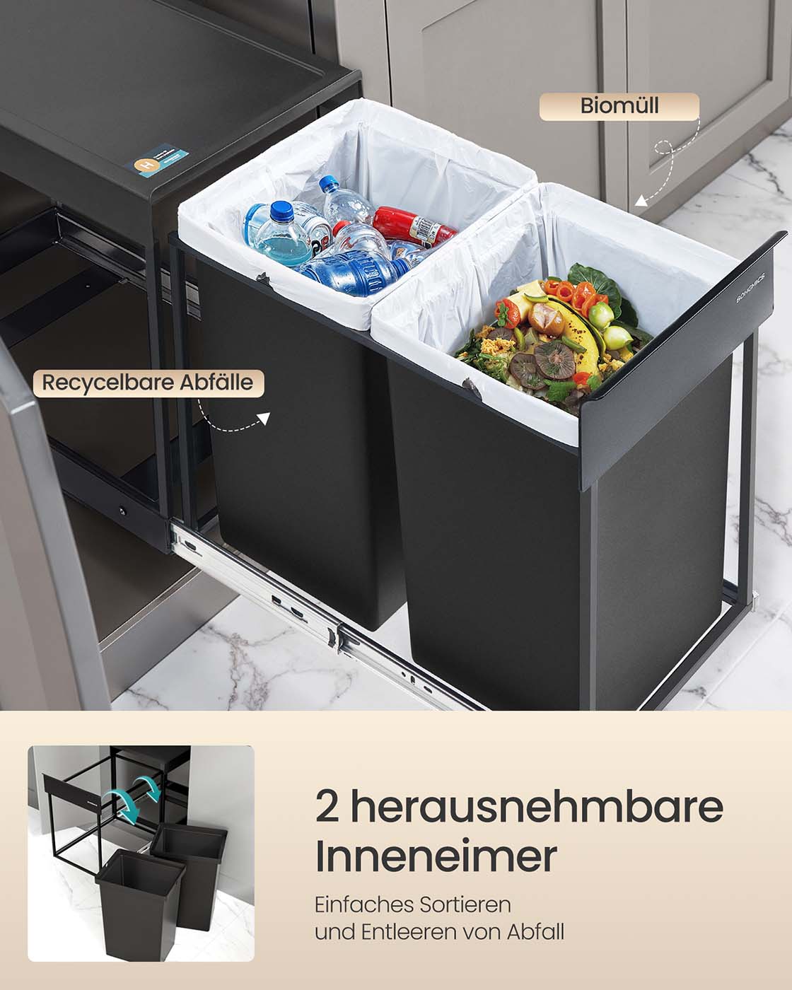 Dviguba plieno šiukšlių dėžė su ištraukiama sistema, 2 x 20 L 3