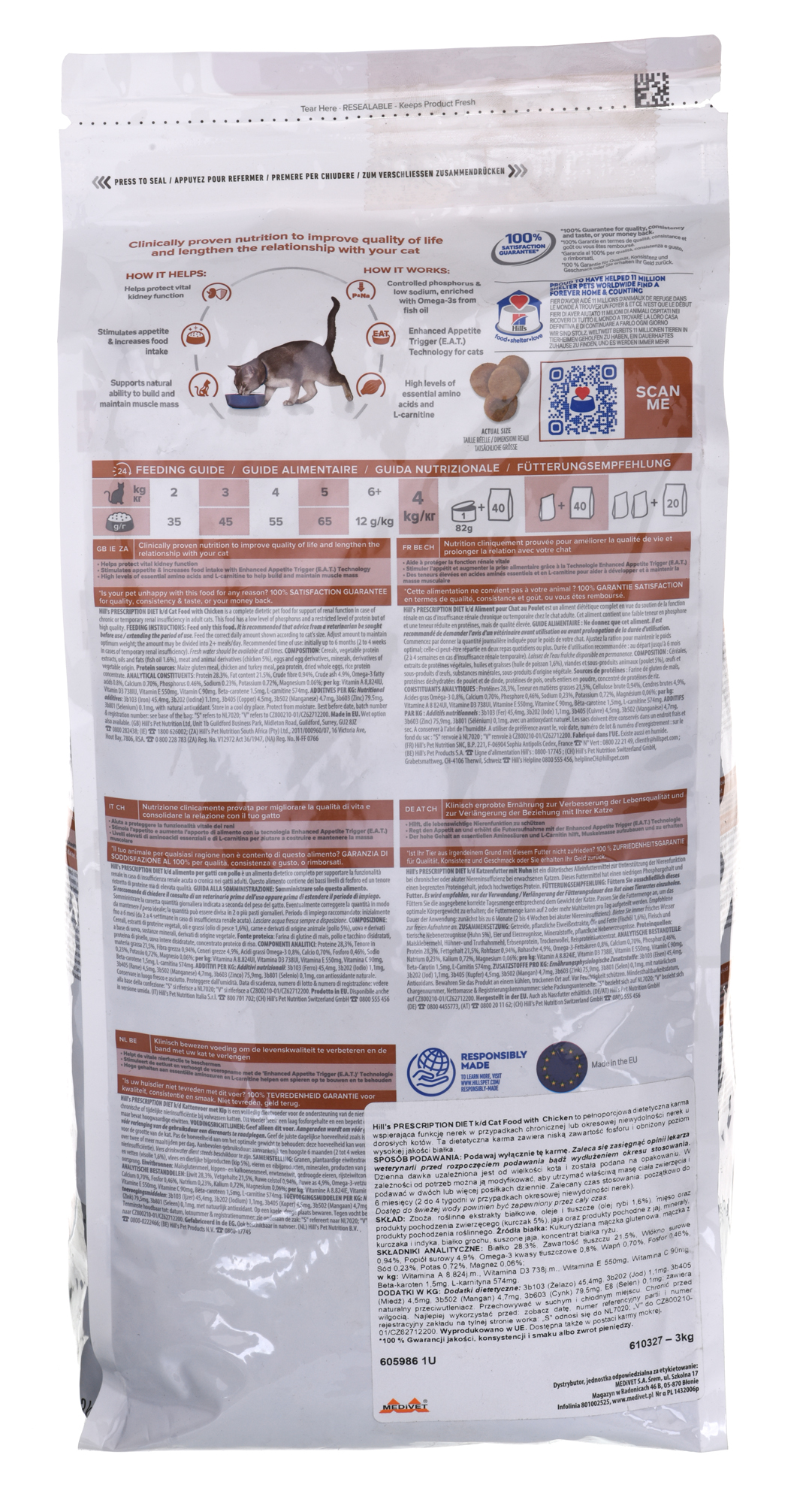 Hills prescription katėms sergančioms lėtiniu inkstų nepakankamumu su vištiena, 3 kg