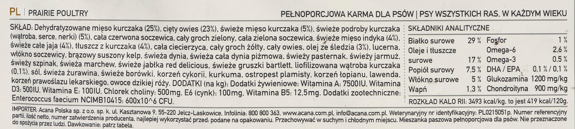 Acana prairie poultry dog visų veislių šunims, 9,7 kg