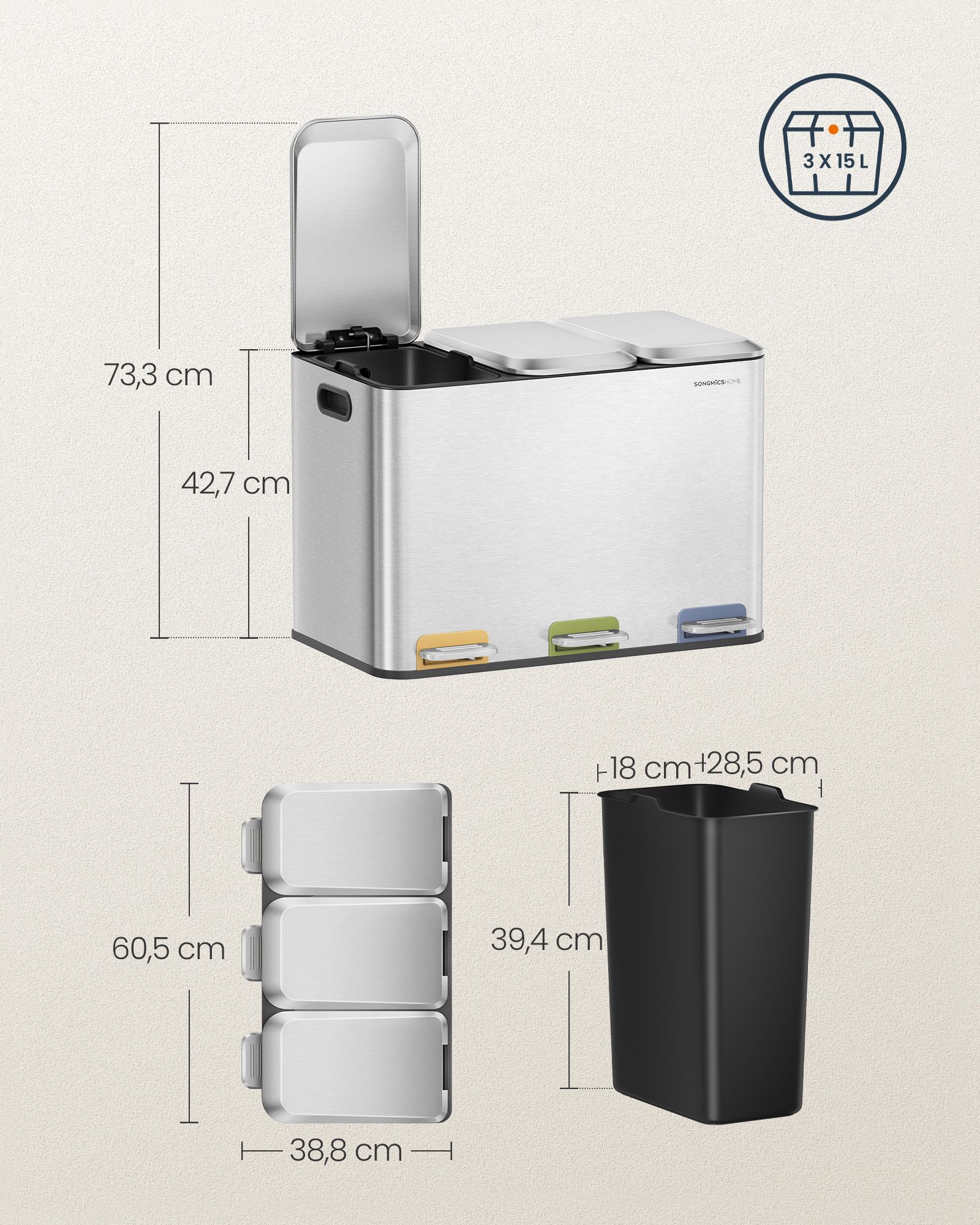 Virtuvinė šiukšliadėžė su 3 skyriais, 45 L, metalinis sidabras