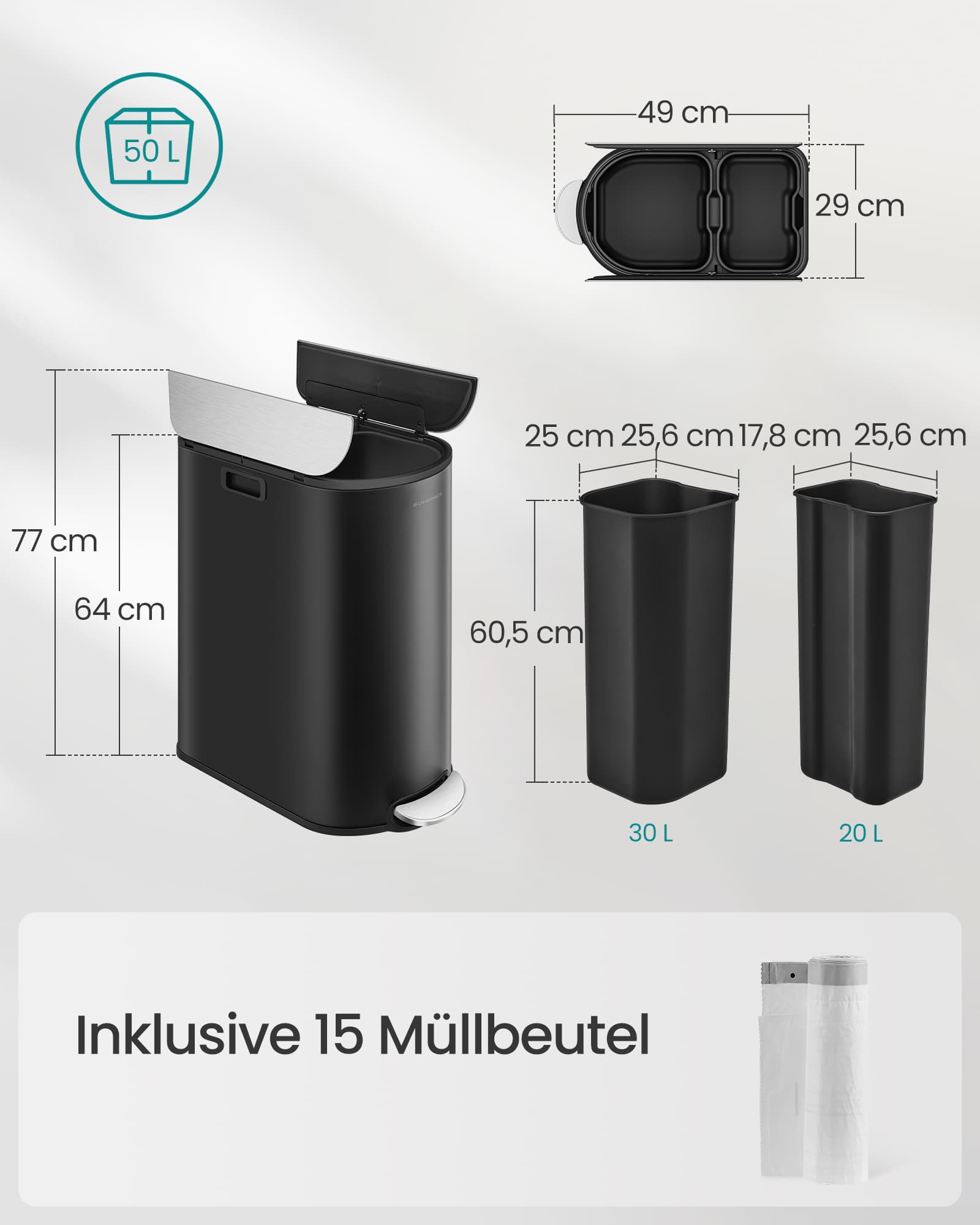 Dvigubas šiukšlių rūšiavimo konteineris 30 L ir 20 L