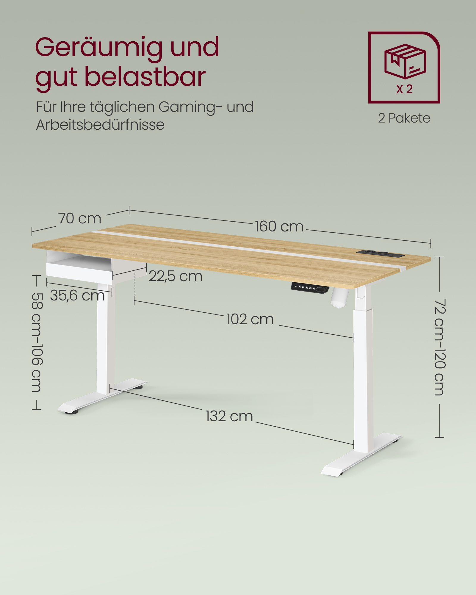 Regulējama augstuma galds 70 x 160 x 72-120cm