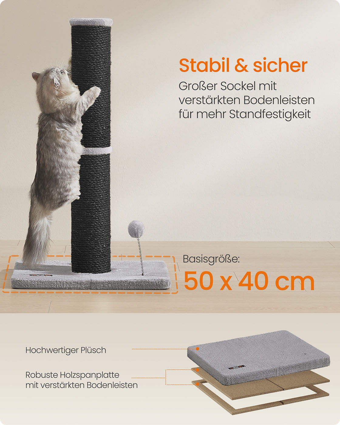 Katės draskyklė su pliušiniu kamuoliuku ir varpeliu, 85 cm