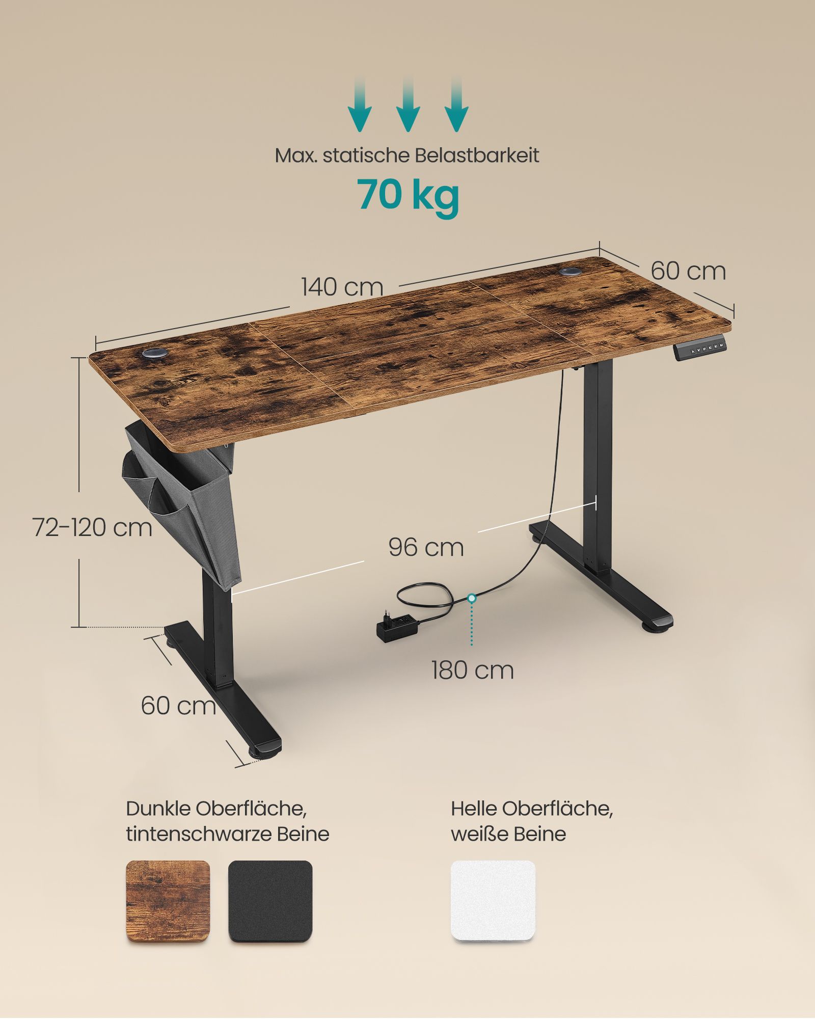 Reguliuojamo aukščio elektrinis rašomasis stalas 60 x 140 cm 3
