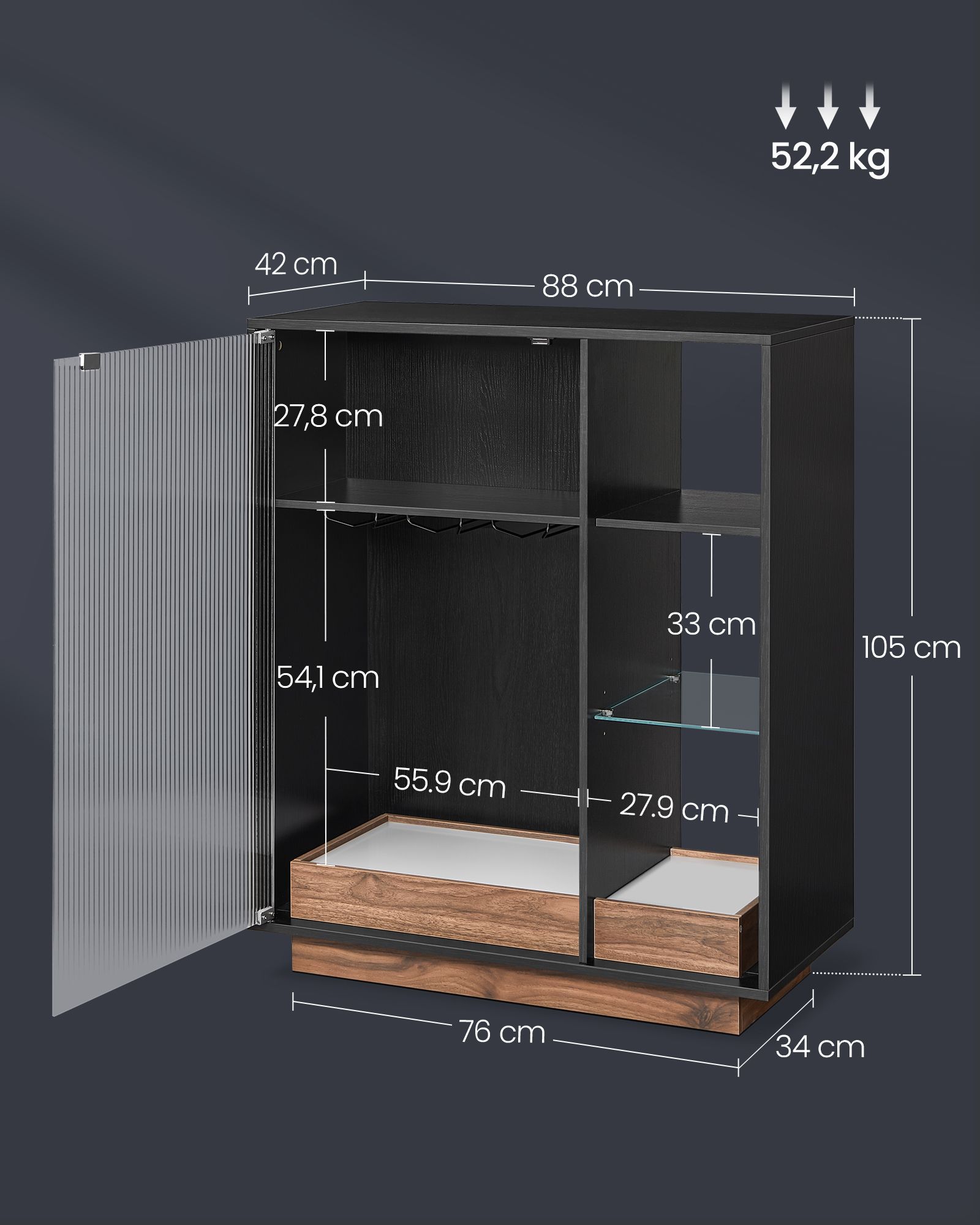 Gėrimų spintelė su apšvietimu ir stiklinėmis durimis 42x88x105 cm
