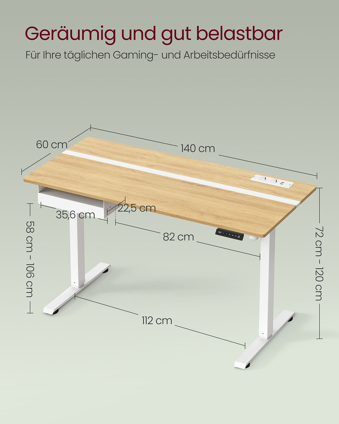 Rašomasis stalas su lizdais ir stalčiumi 60 x 140 cm