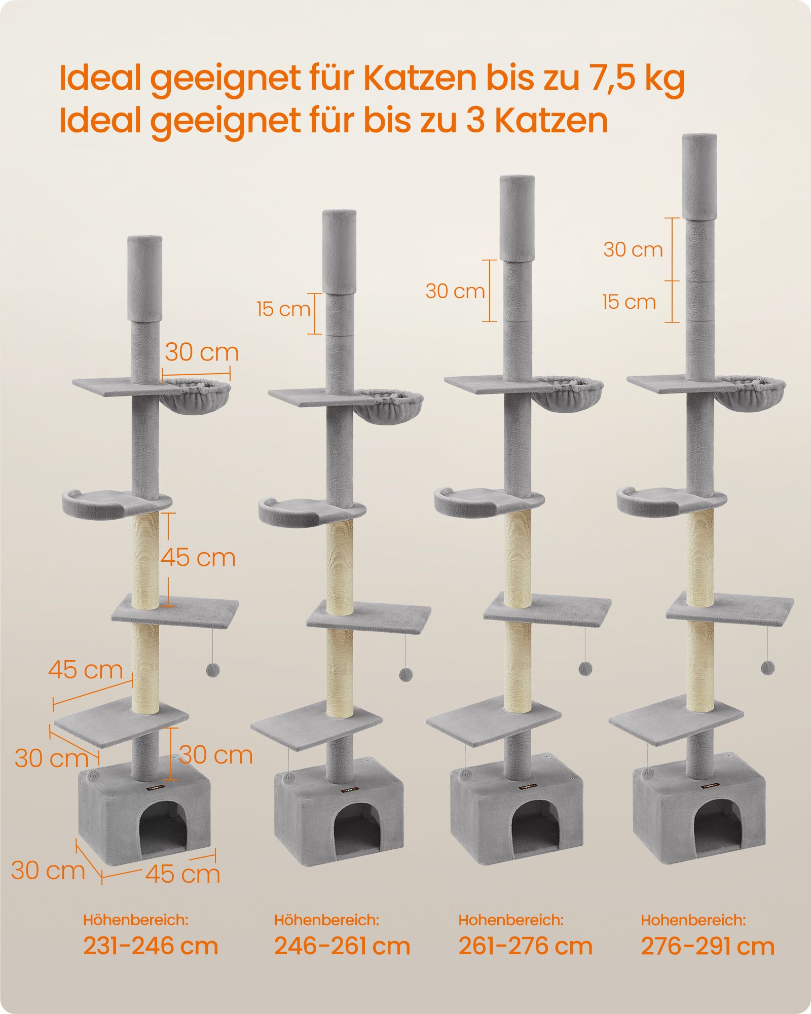 Kačių draskyklė 231-291 cm, šviesiai pilka