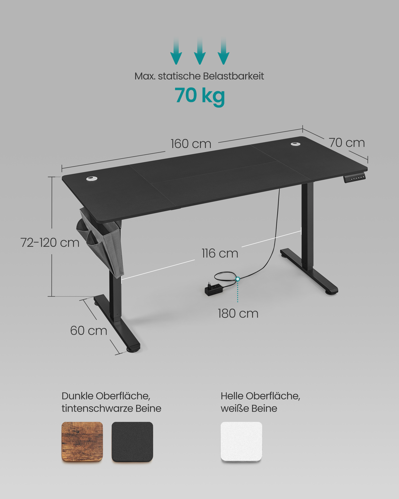 Elektrinis rašomasis stalas 70 x 160 x (72-120) cm 3