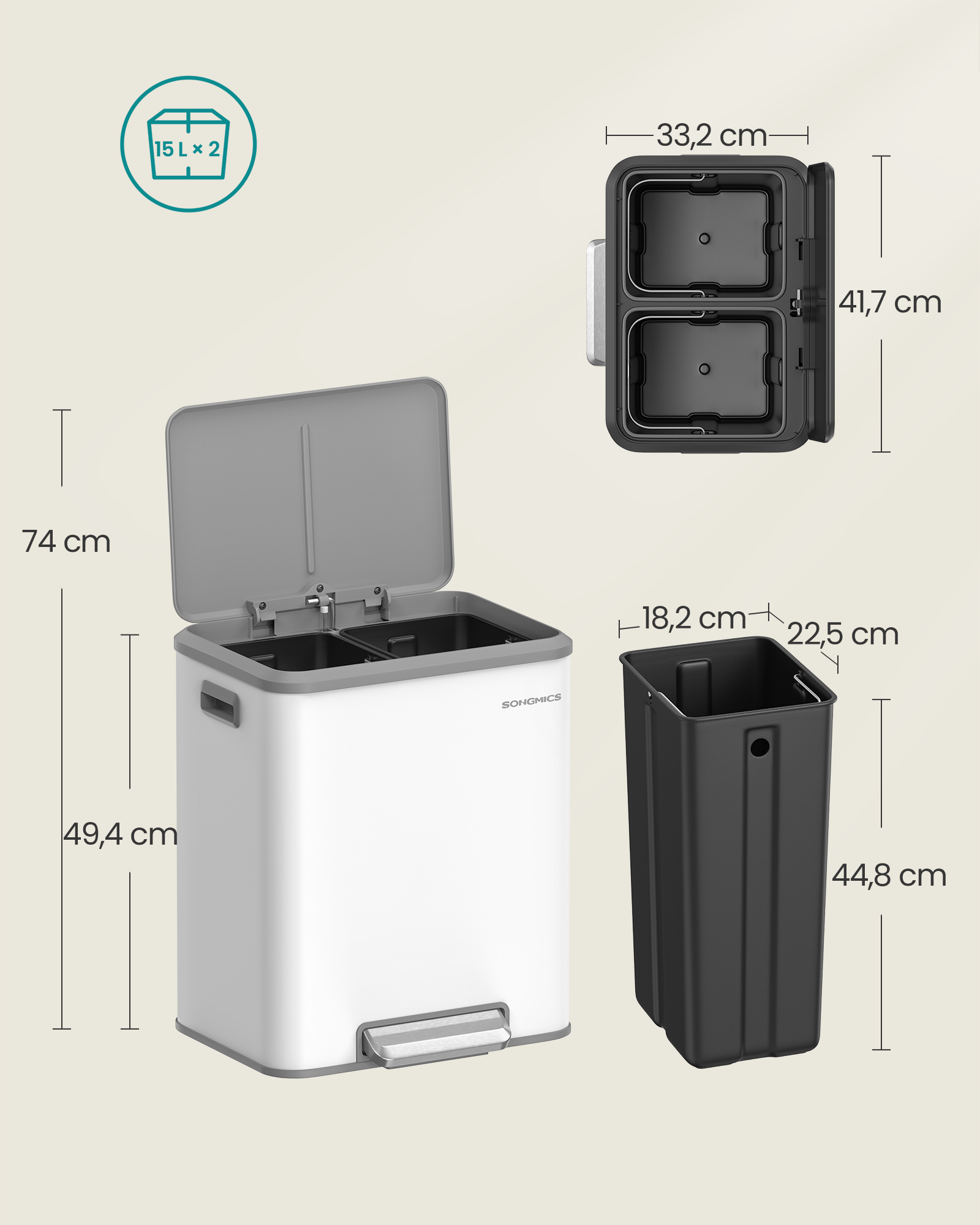 Atliekų rūšiavimo dėžė su 2 skyriais, plieninė, 2 x 15 L, debesų balta