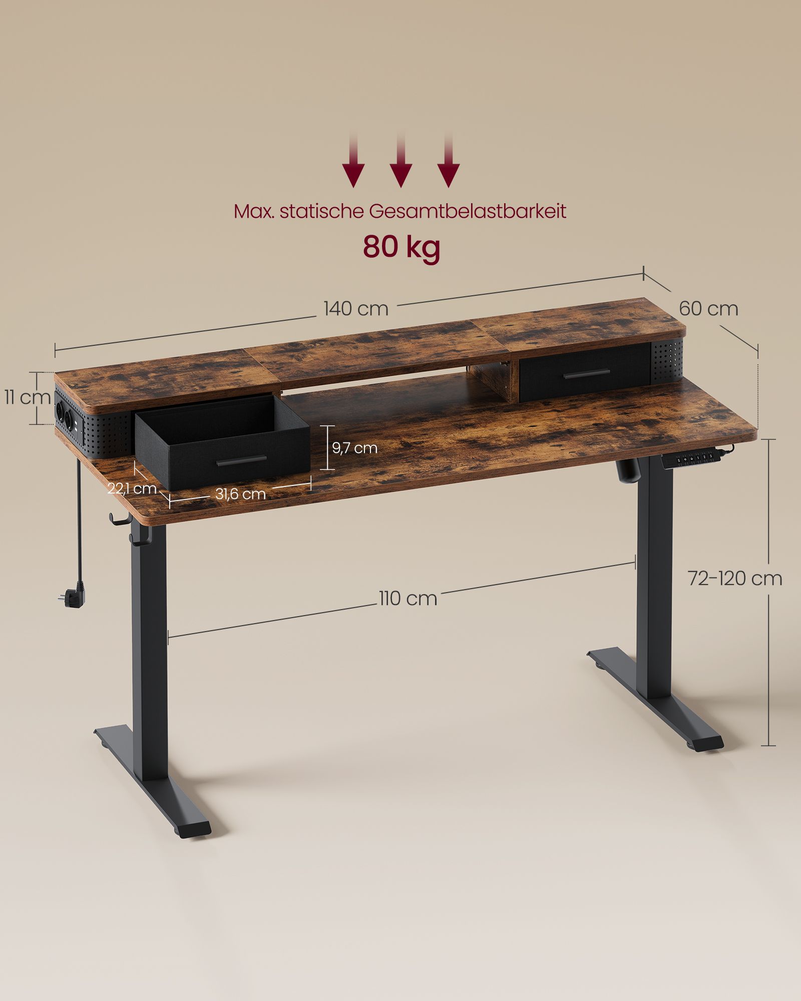 Reguliuojamo aukščio elektrinis rašomasis stalas 140x60 cm
