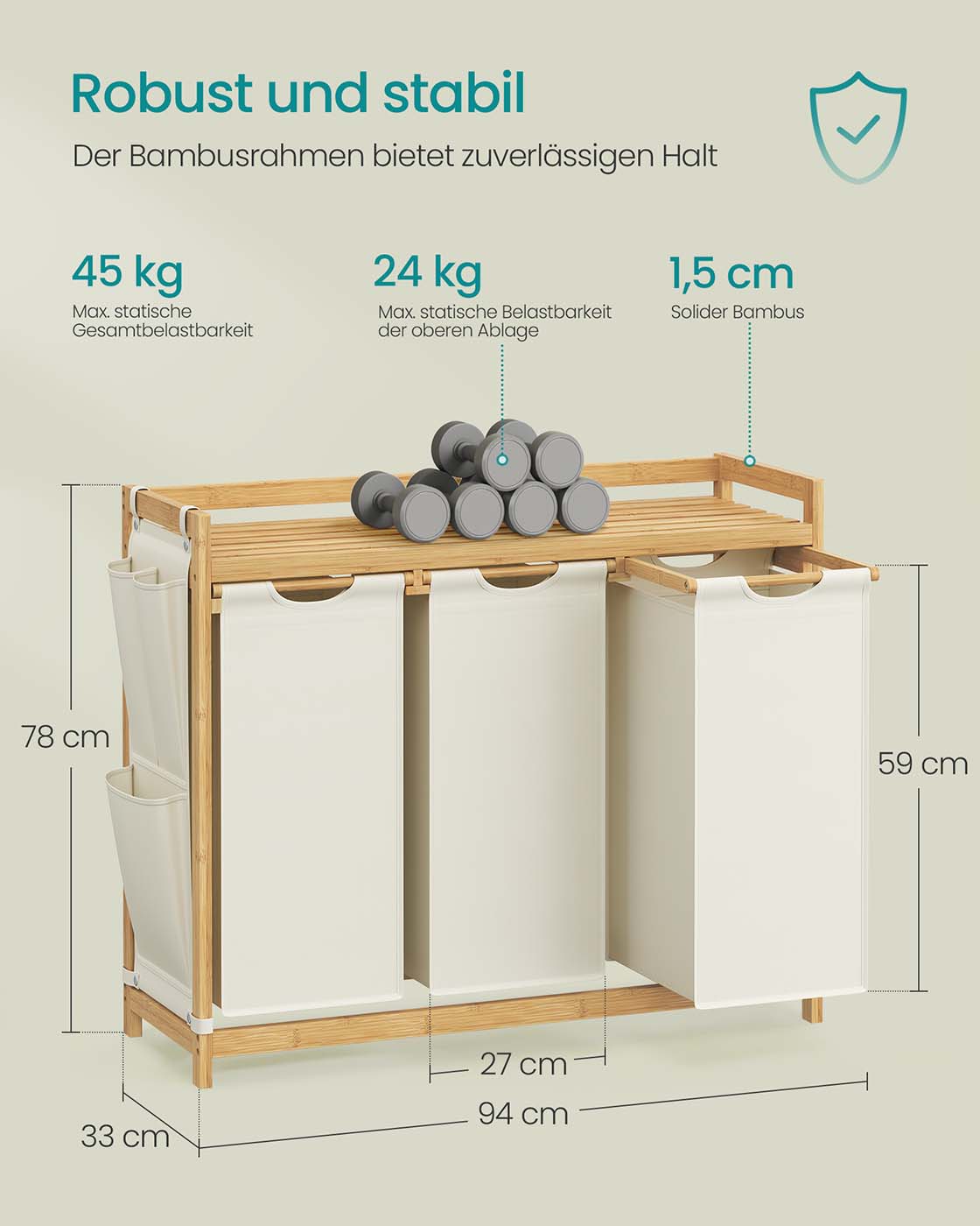 Skalbinių krepšys 3 skyrių 3 x 50 l kremiškai baltas