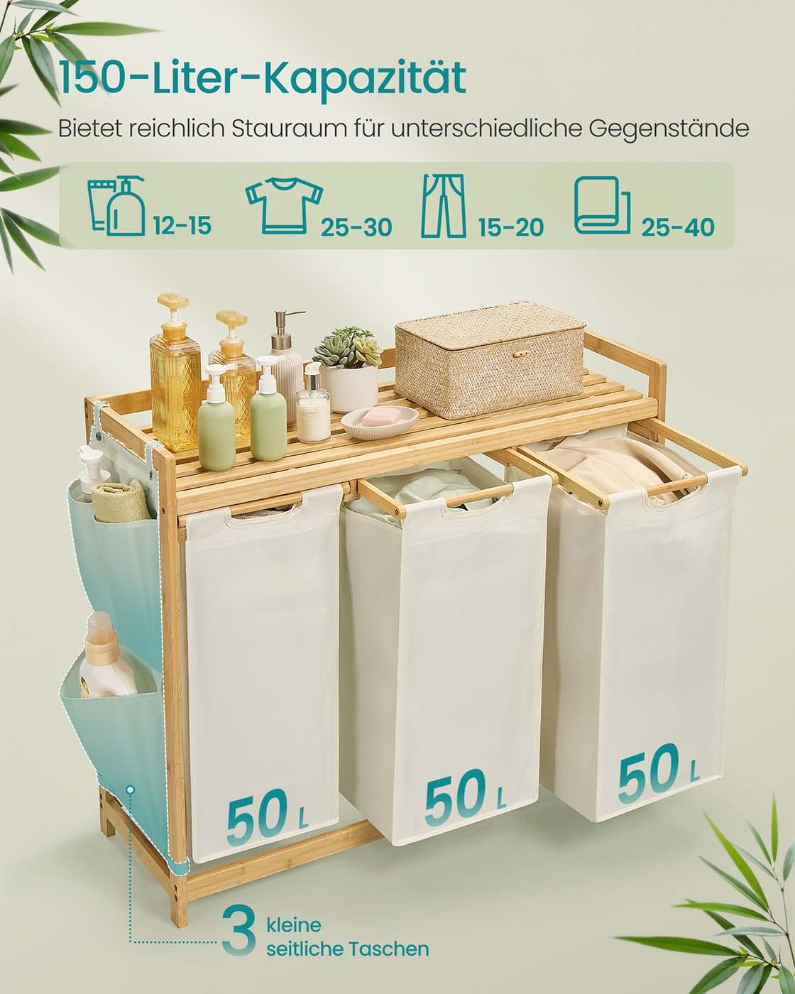 Skalbinių krepšys 3 skyrių 3 x 50 l kremiškai baltas 2