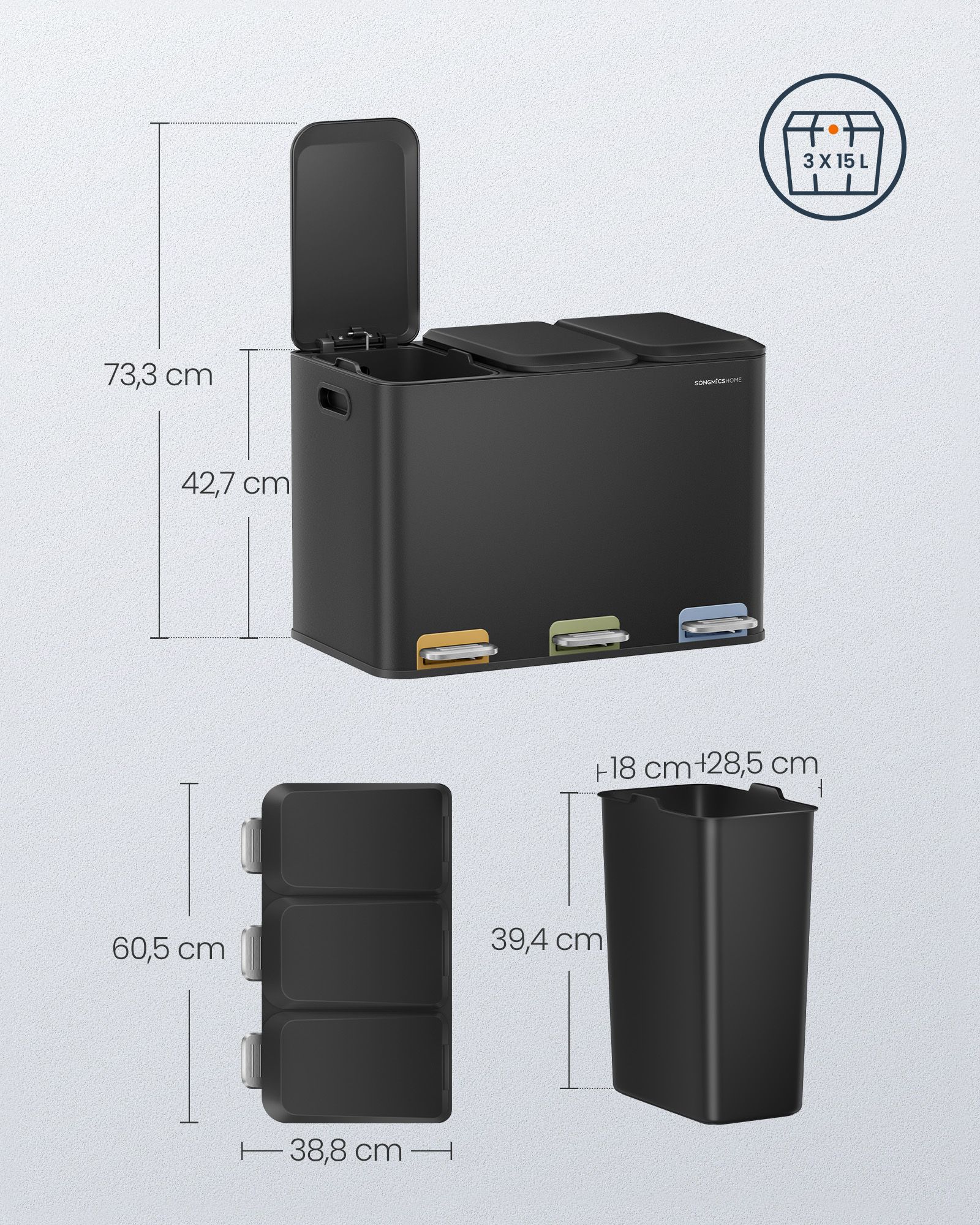 Virtuvės šiukšliadėžė 3 x 15 L skyreliai