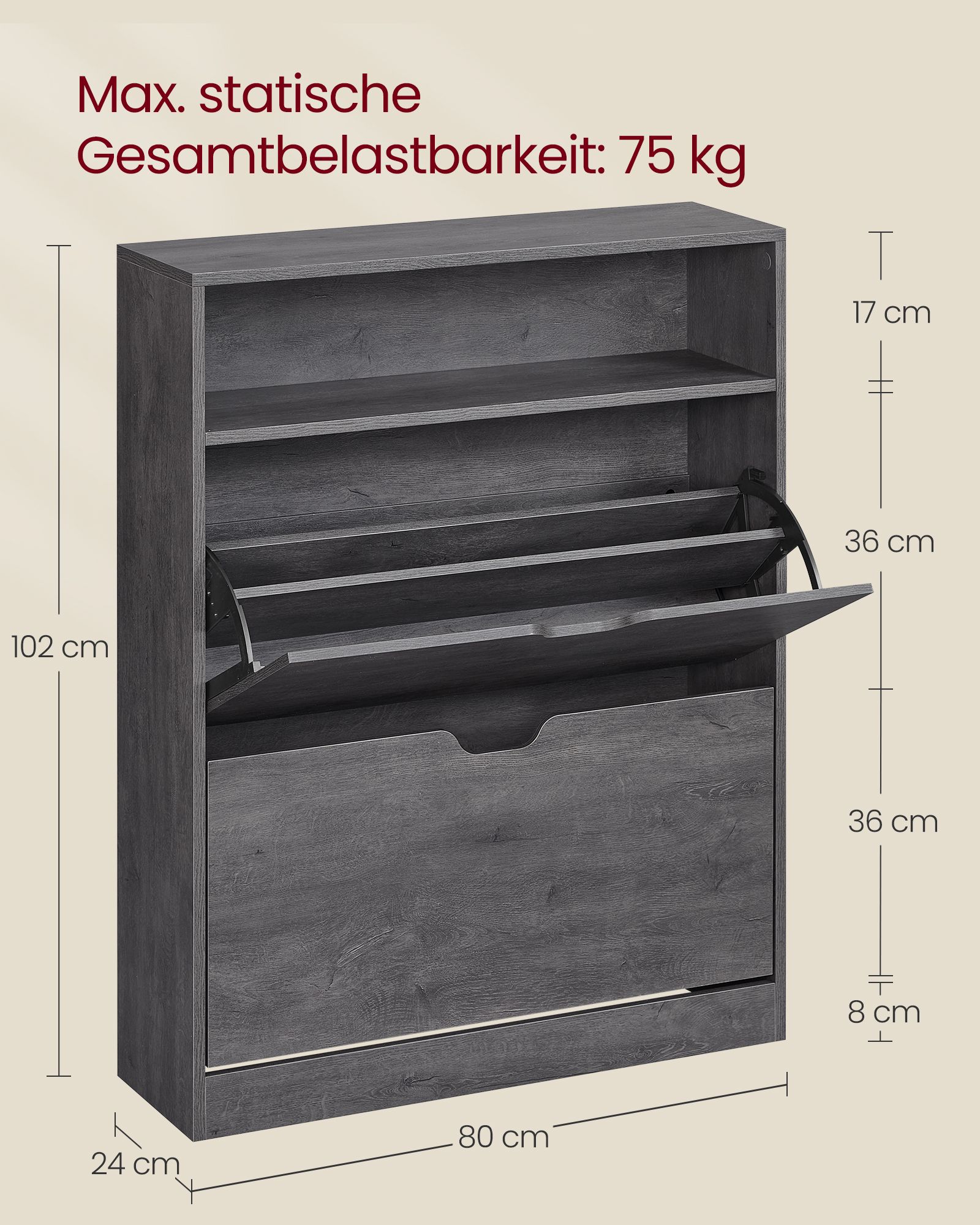Batų spintelė 2 skyrių su atvira lentyna, 24x80x102 cm, Rūko pilka 3