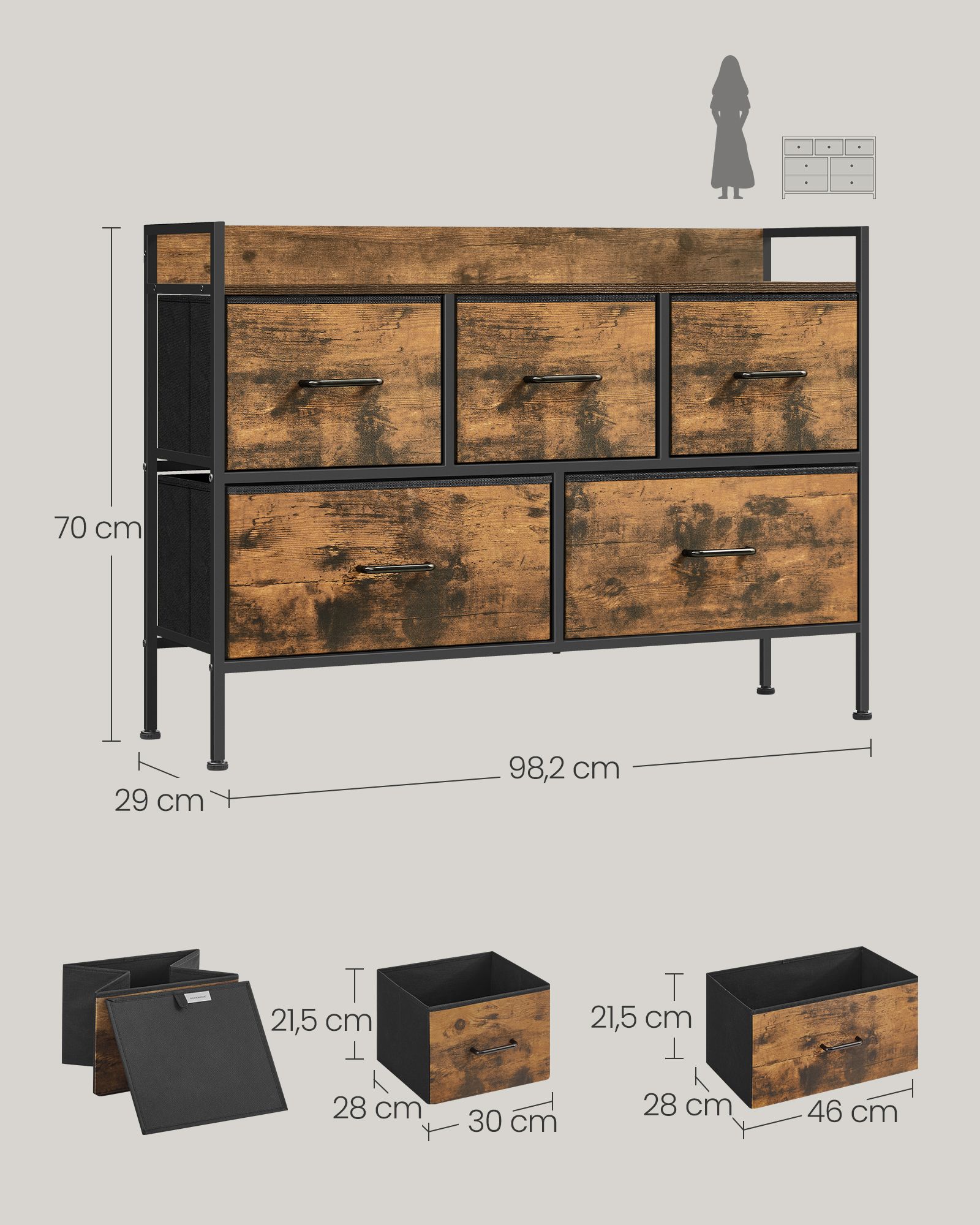 Komoda su 5 audinio stalčiais 29x98,2x70 cm 2