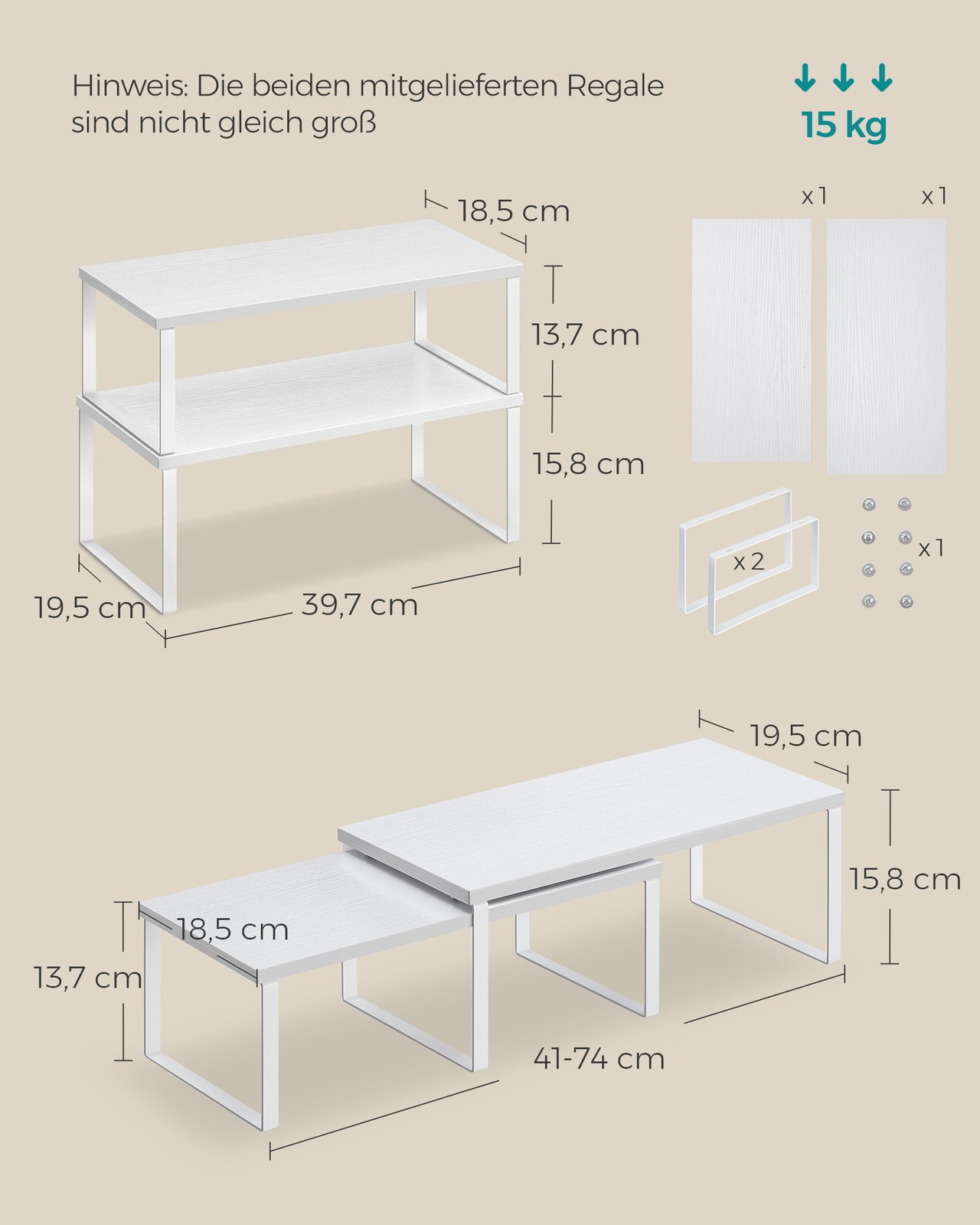 Virtuvės lentynos išplečiamos, debesų baltos–sniego baltos, 19,5 × 39,7 × 15,8 cm ir 18,5 × 29,7 × 13,7 cm, 4 vnt.