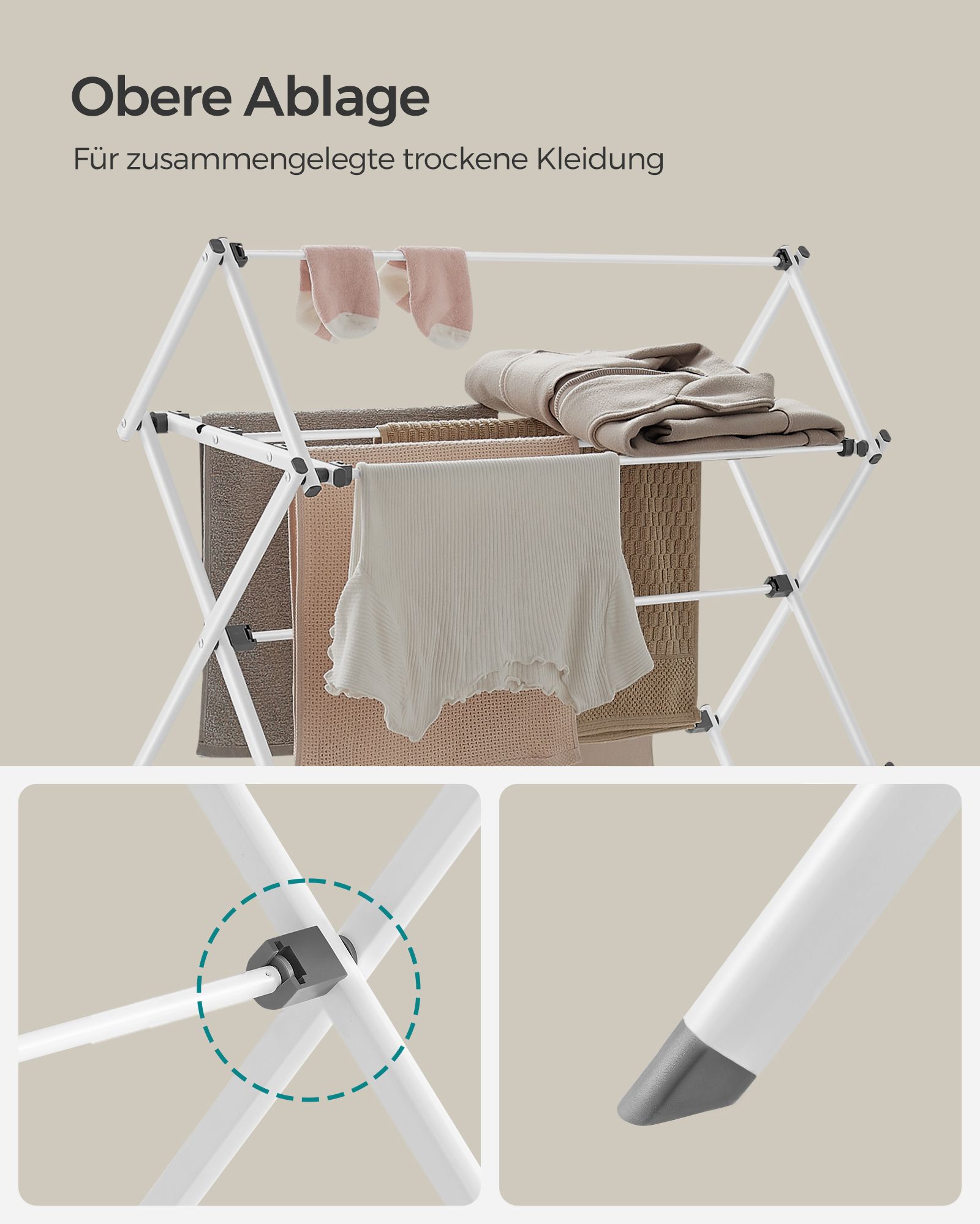 Sulankstoma drabužių džiovyklė su plieniniu rėmu, balta, 37 × 75 × 135,1 cm