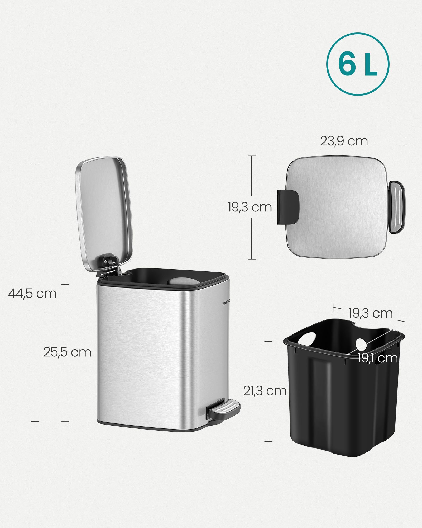 Šiukšliadėžė, 6 litrų, metalinė sidabrinė