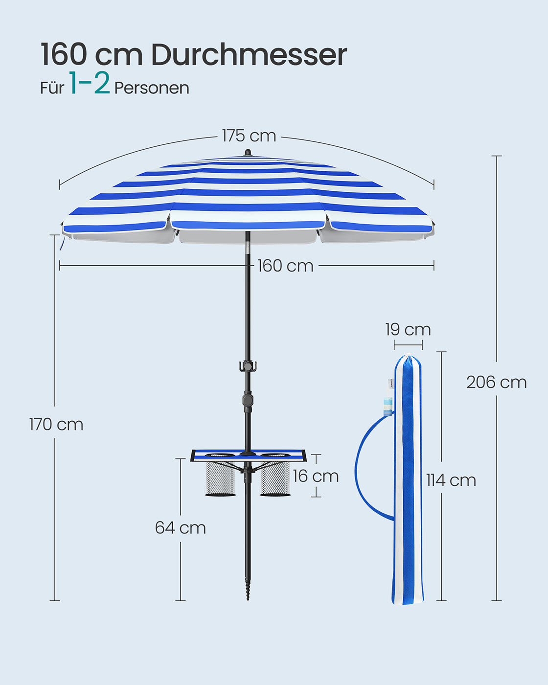 Skėtis nuo saulės 160 cm, mėlynas-baltas
