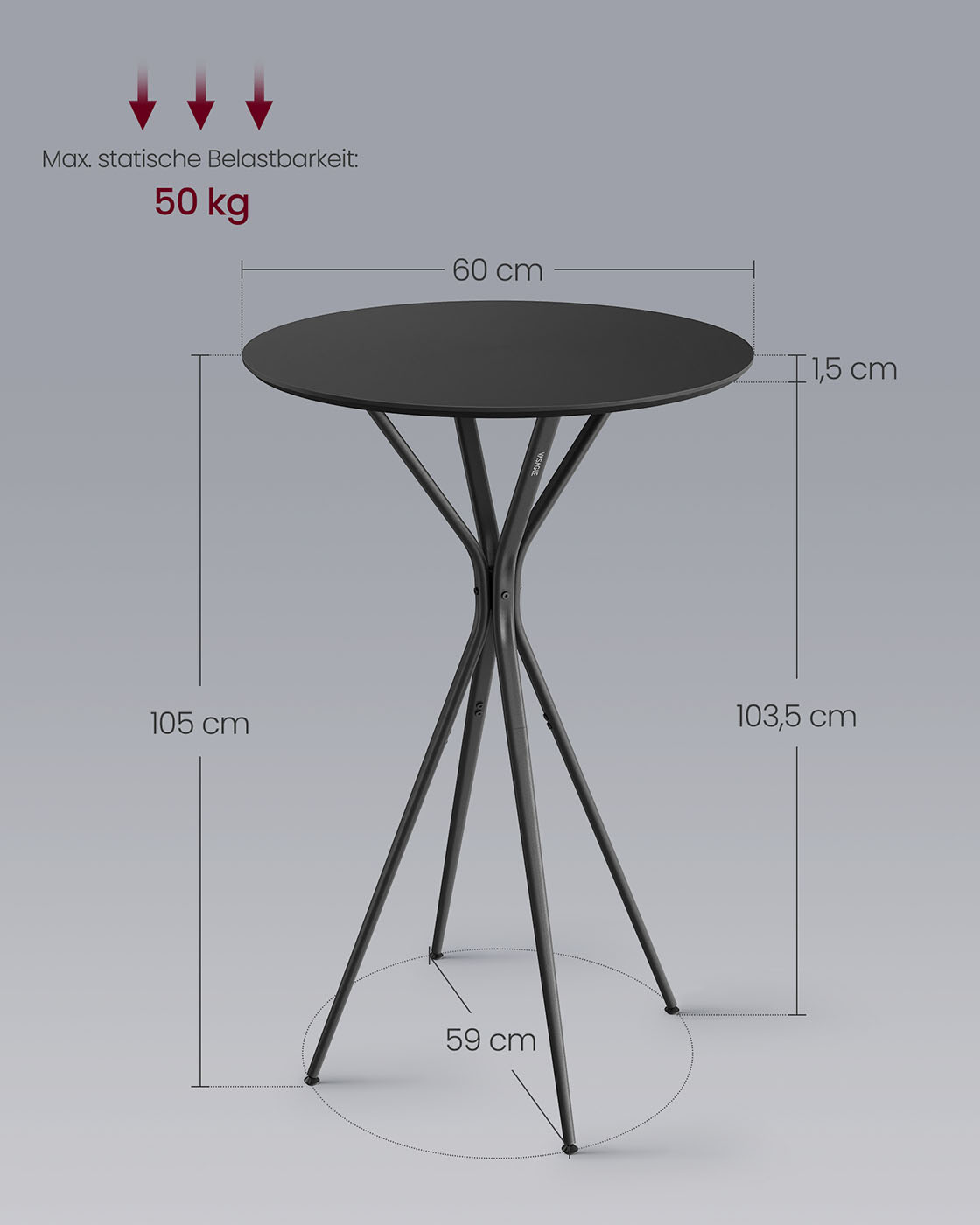 Baro stalas plieninis 60 x 60 x 105 cm juodas