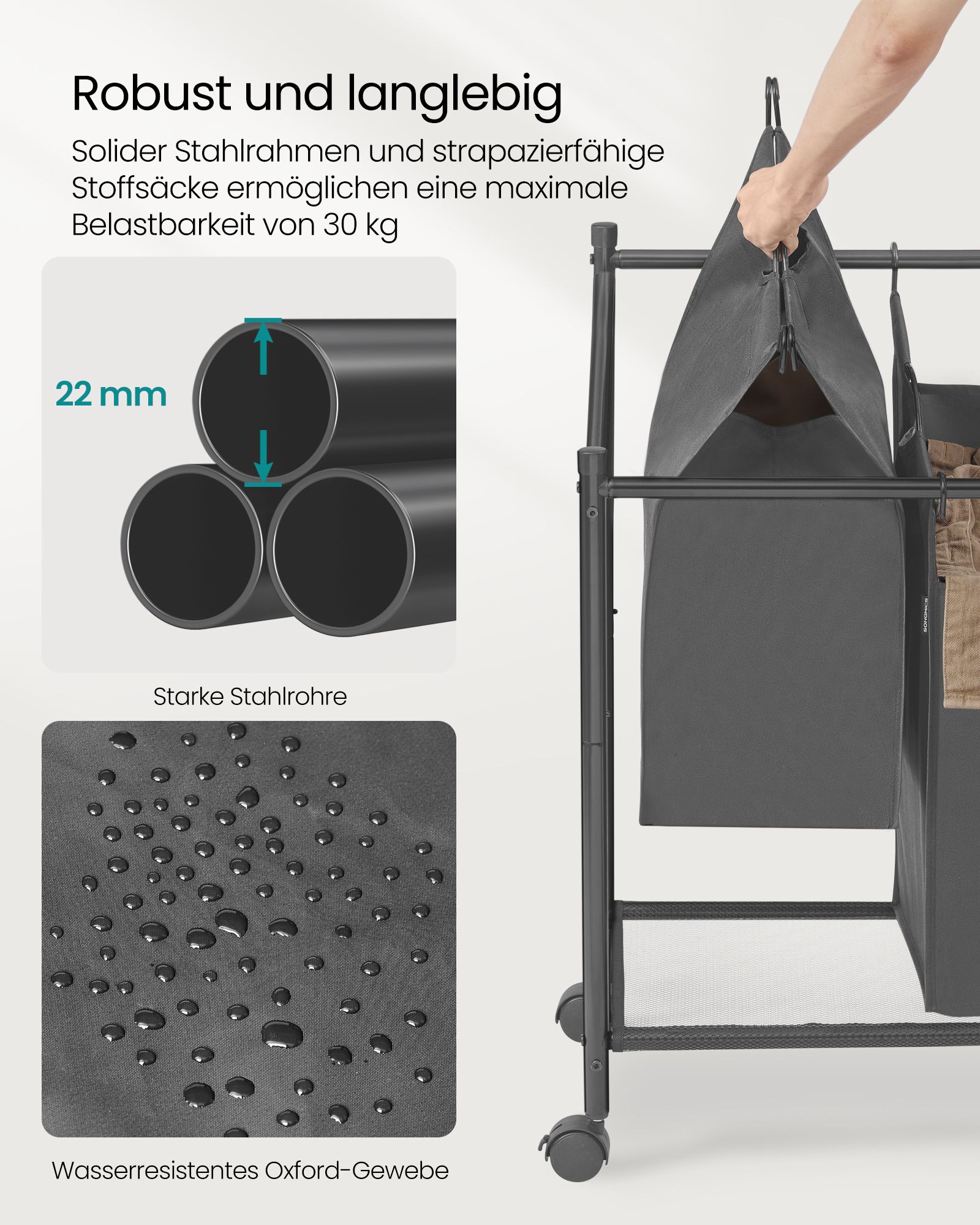 Skalbinių krepšys su ratukais 3 x 45 L, pilkas