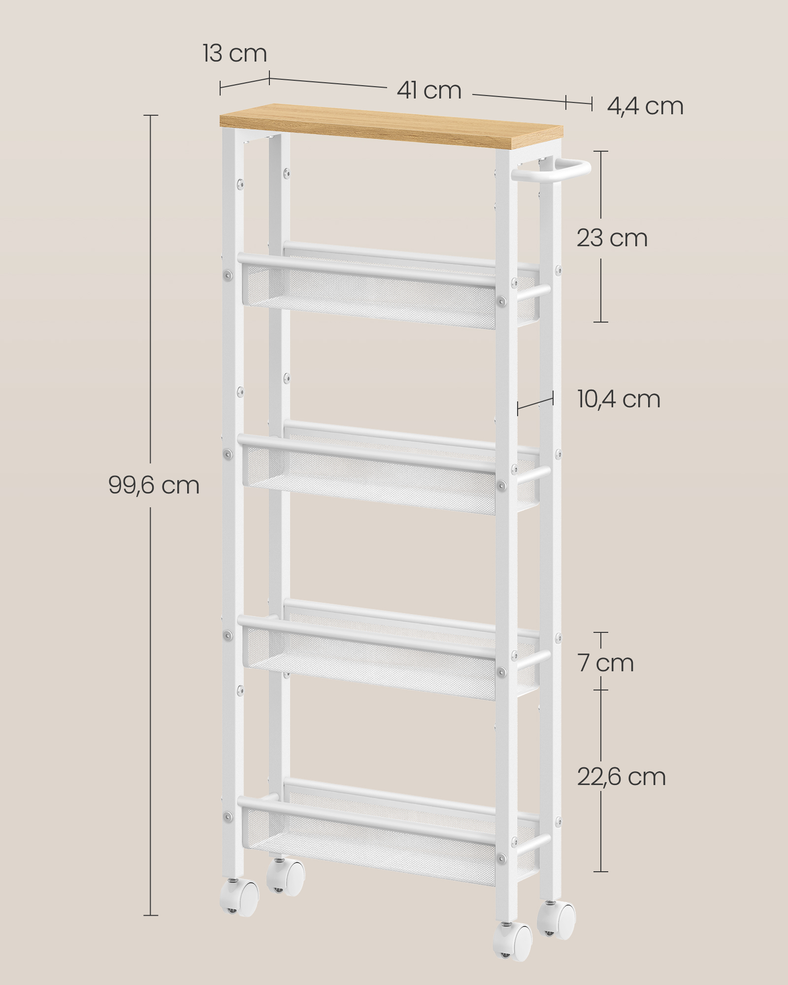 Piecu līmeņu plaukts uz riteņiem 13 x 45,4 x 99,6 cm