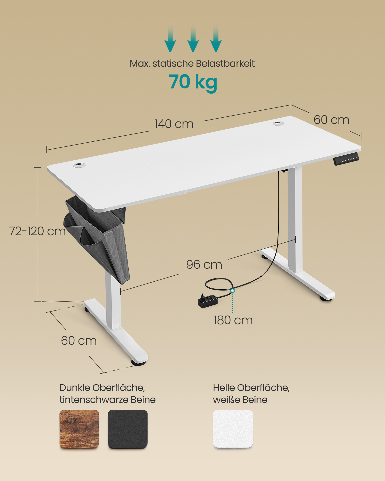 Elektrinis aukščio reguliuojamas stalas 60 x 140 cm