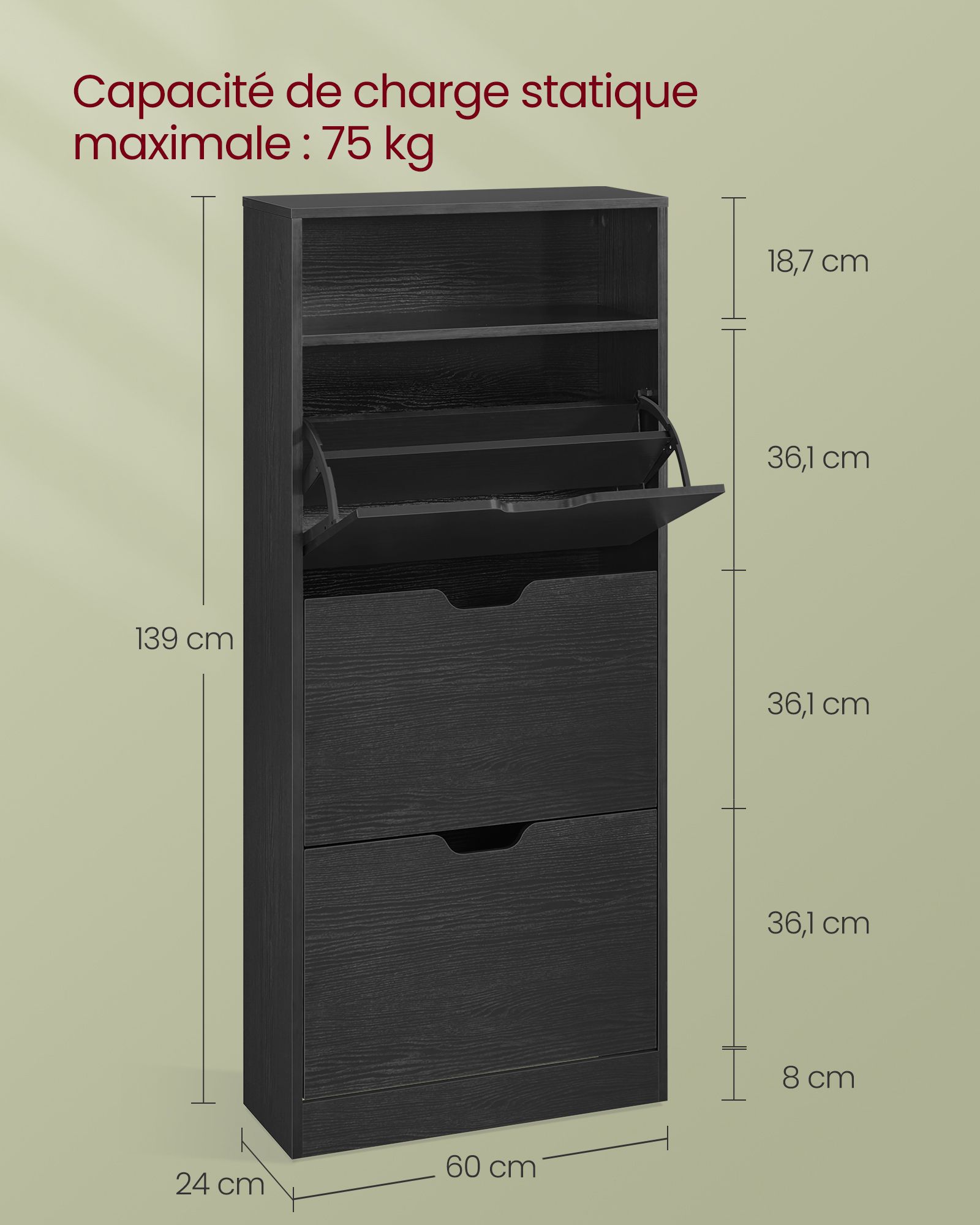 Batų spintelė su atviru skyriumi, reguliuojama, juoda