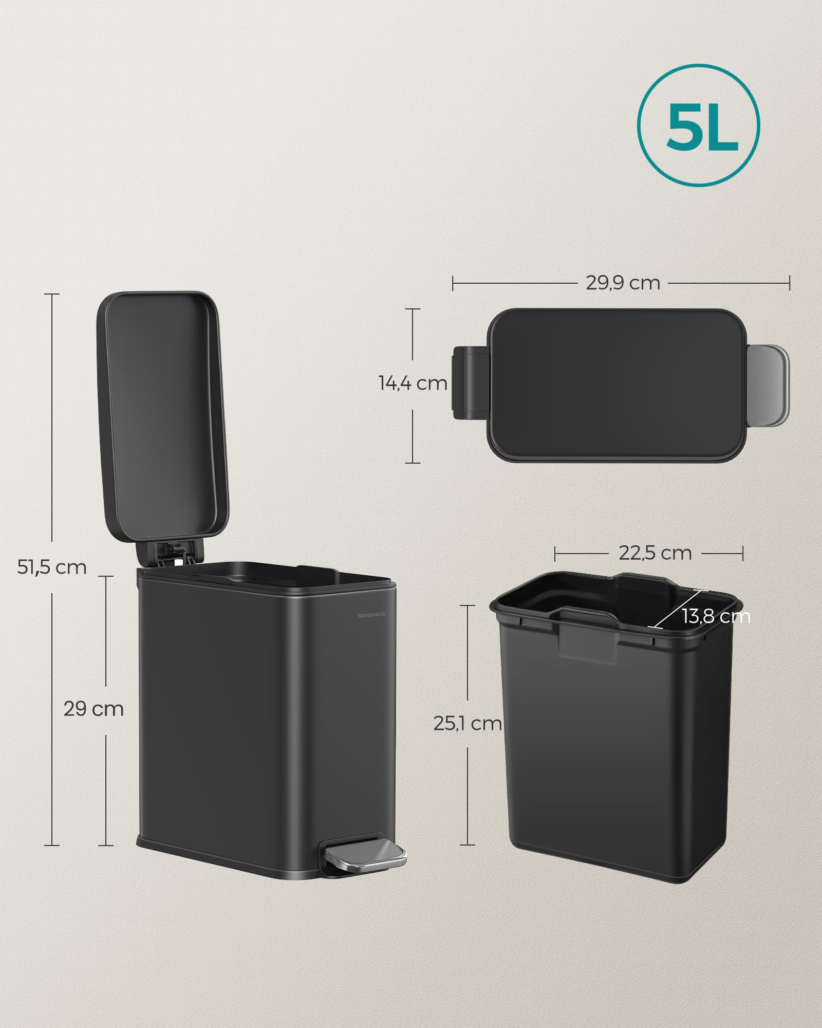 Šiukšliadėžė su dangčiu 5 l