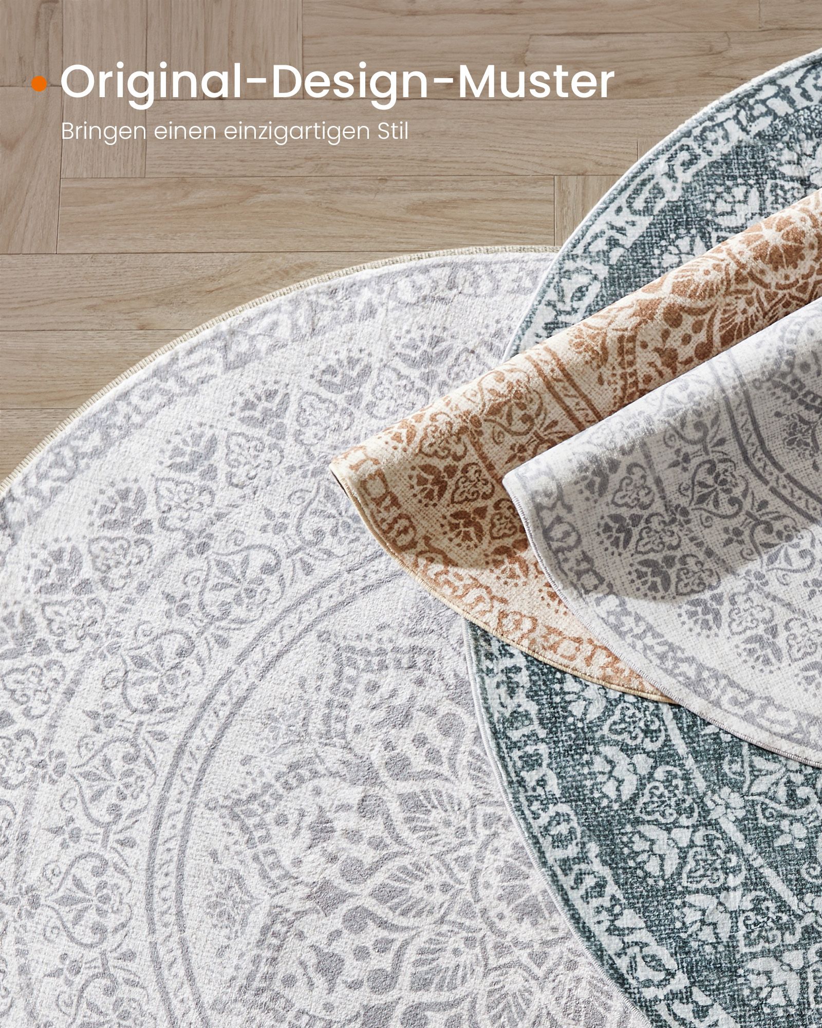 Apvalus kilimas 120 cm skersmens, boho stilius, pilkai mėlynas