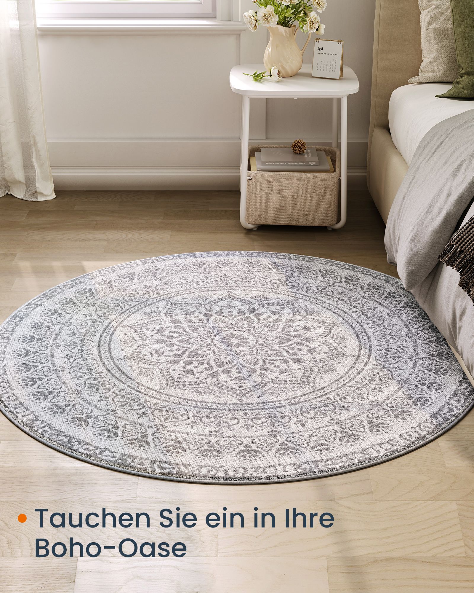 Apvalus kilimas 120 cm skersmens, boho stilius, pilkai mėlynas