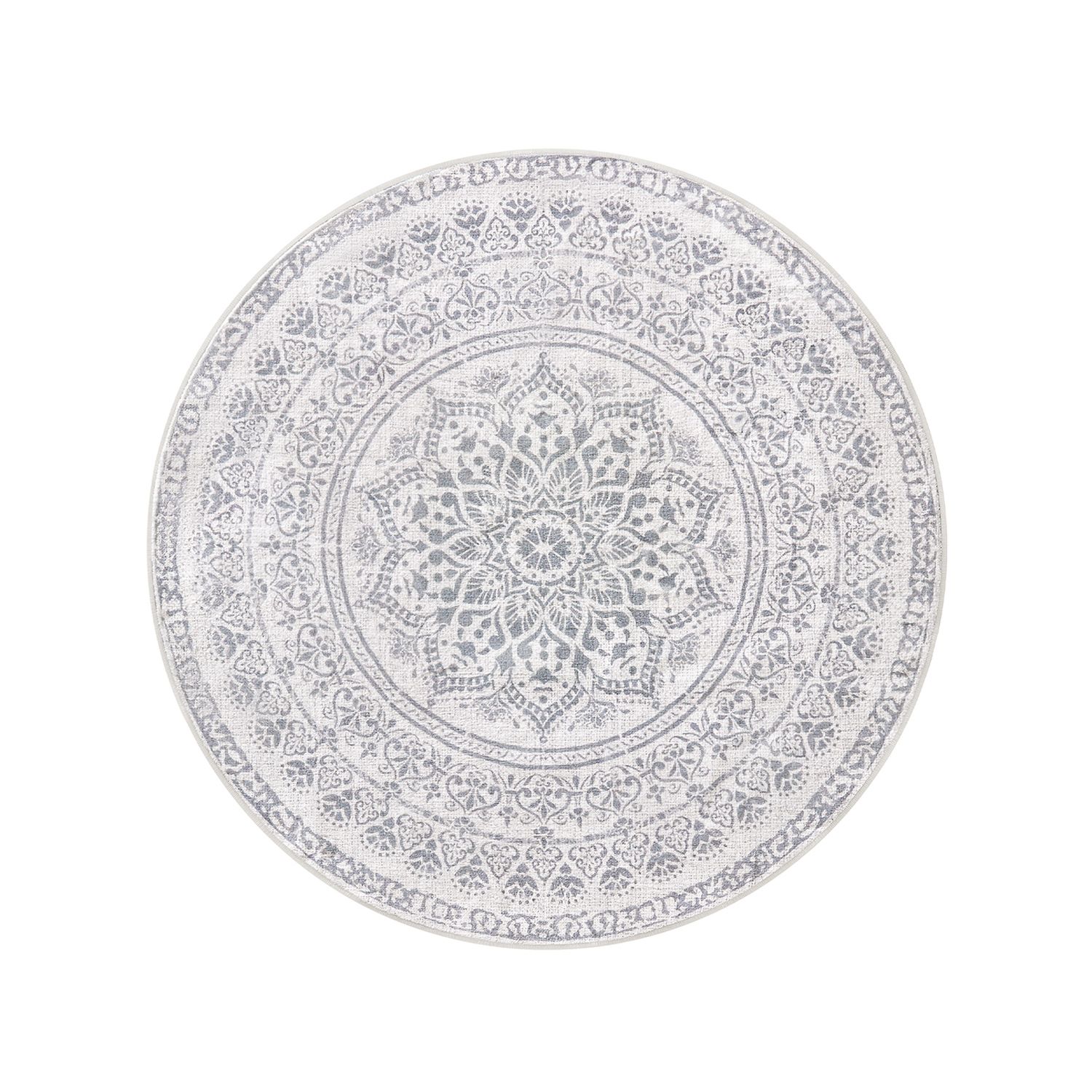 Apvalus kilimas 120 cm skersmens, boho stilius, pilkai mėlynas