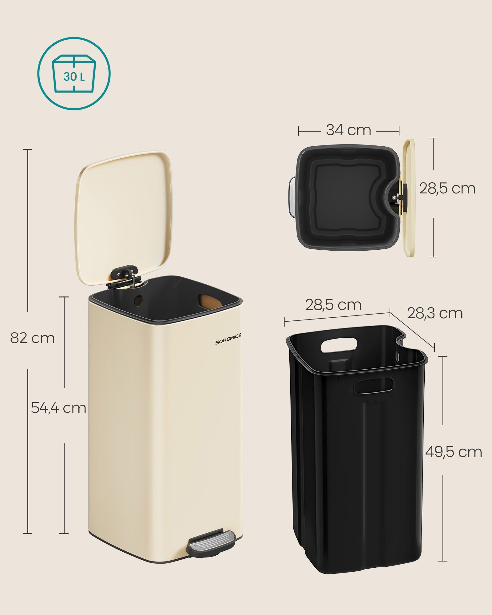 Smėlio spalvos plieninė šiukšliadėžė 30 l