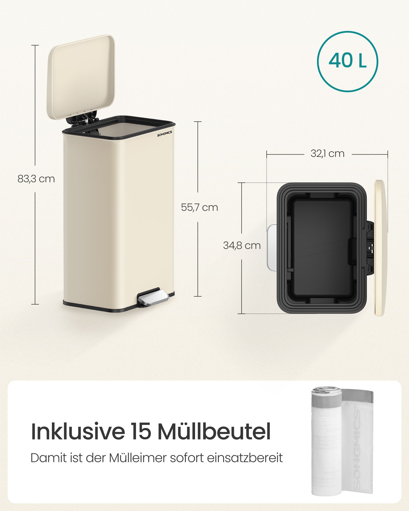 Virtuvinė šiukšlių dėžė su dangčiu 40 l smėlio spalvos