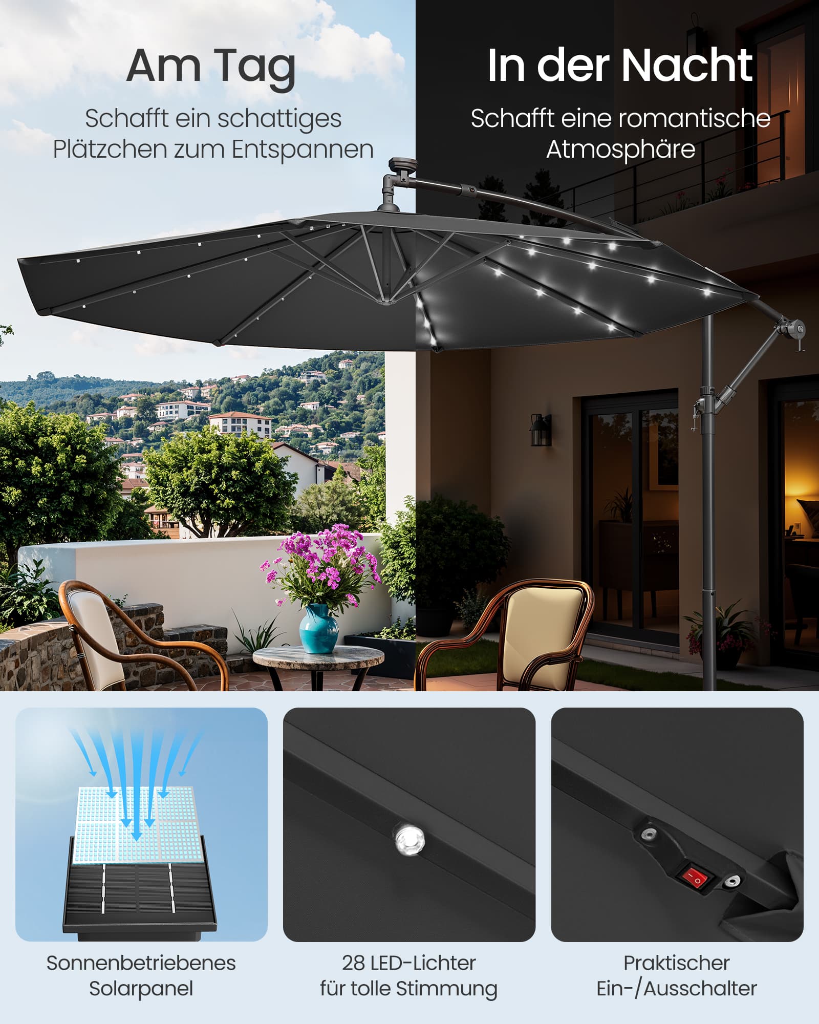 Skėtis su LED saulės apšvietimu ir stovu 300 cm 3