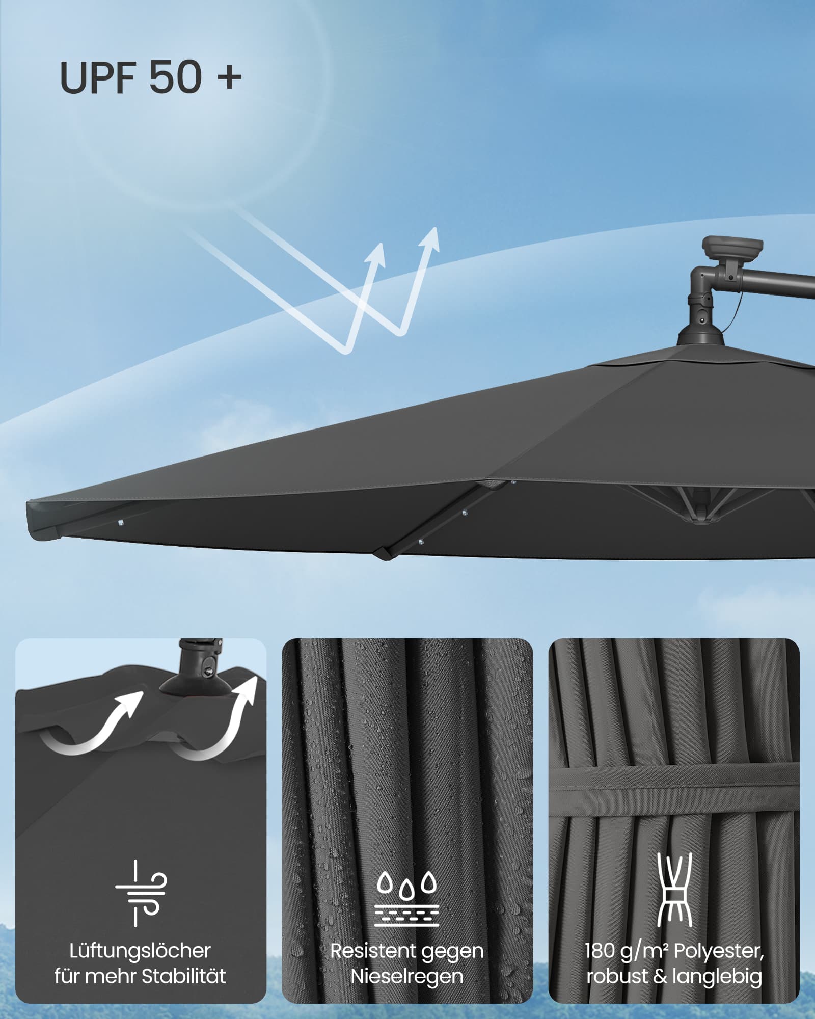 Skėtis su LED saulės apšvietimu ir stovu 300 cm