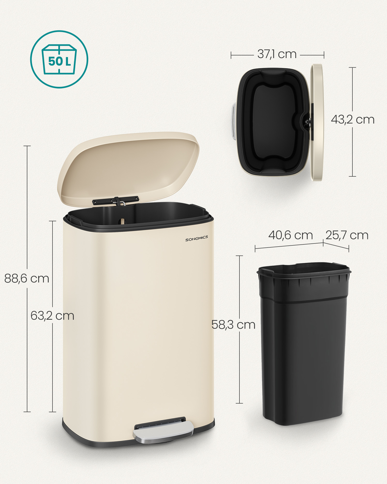 Šiukšliadėžė virtuvei 50 l smėlio spalvos