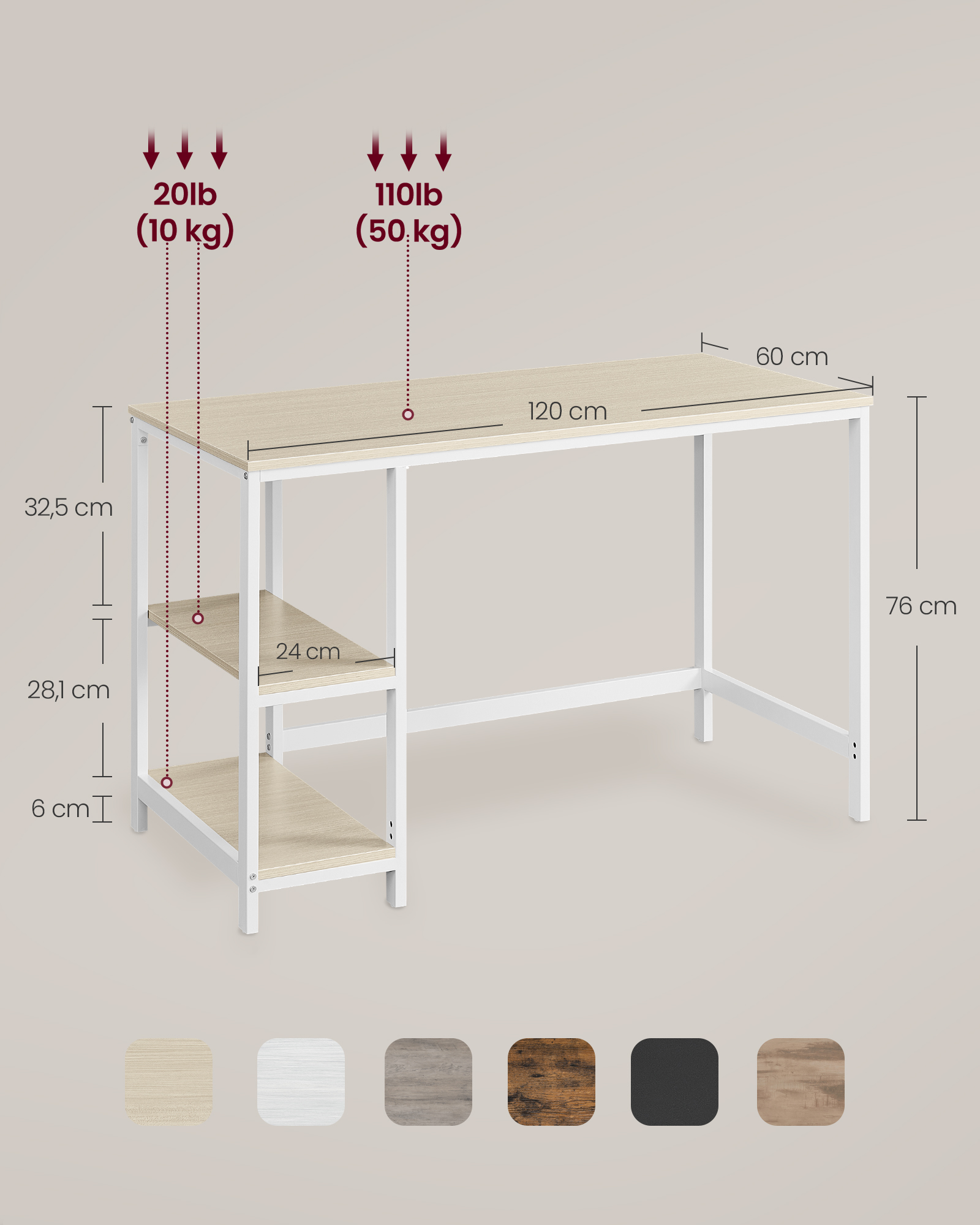 Rašomasis stalas su 2 lentynomis 60x120x76 cm