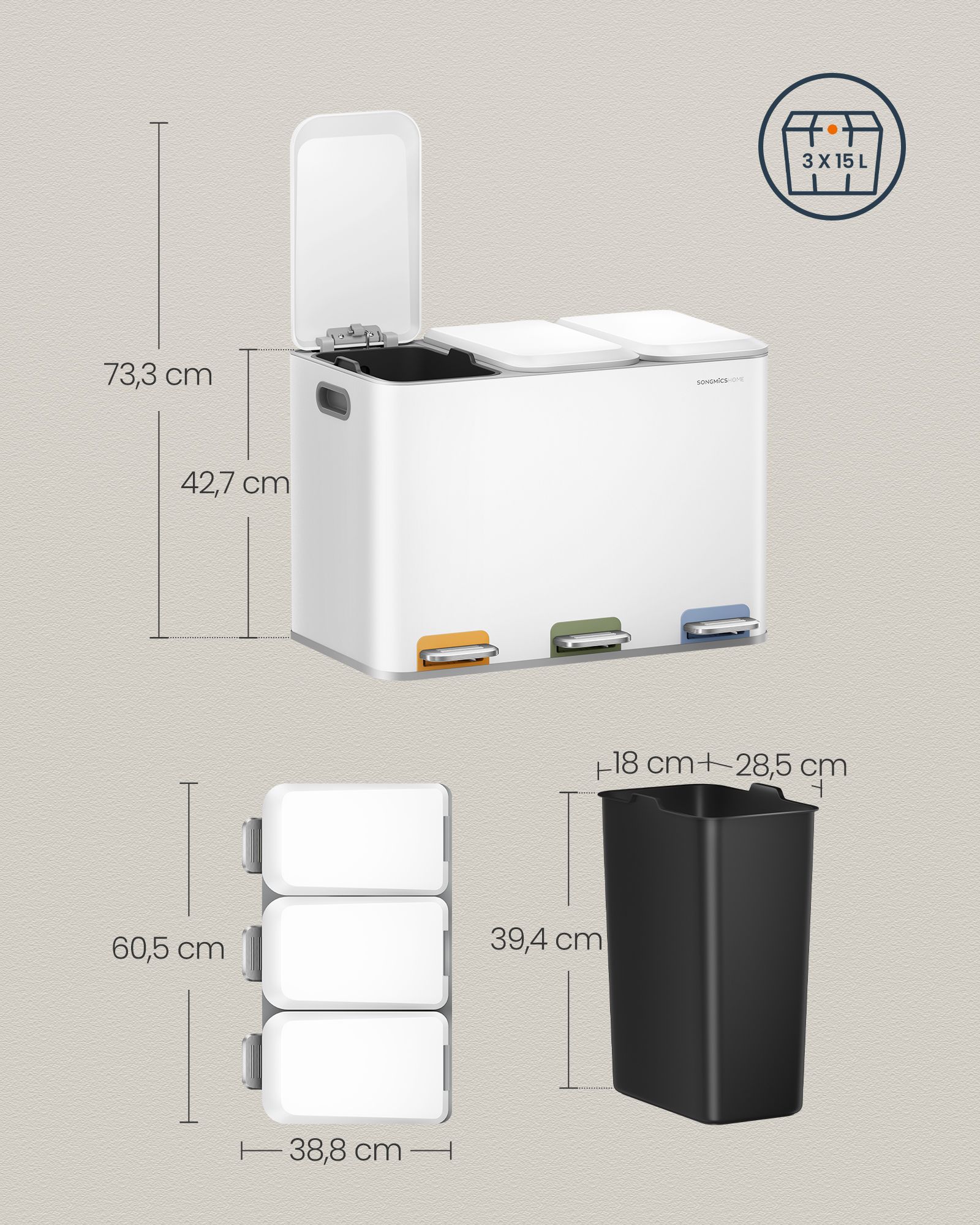Virtuvės šiukšliadėžė su 3 skyreliais, 45 L, plieninė