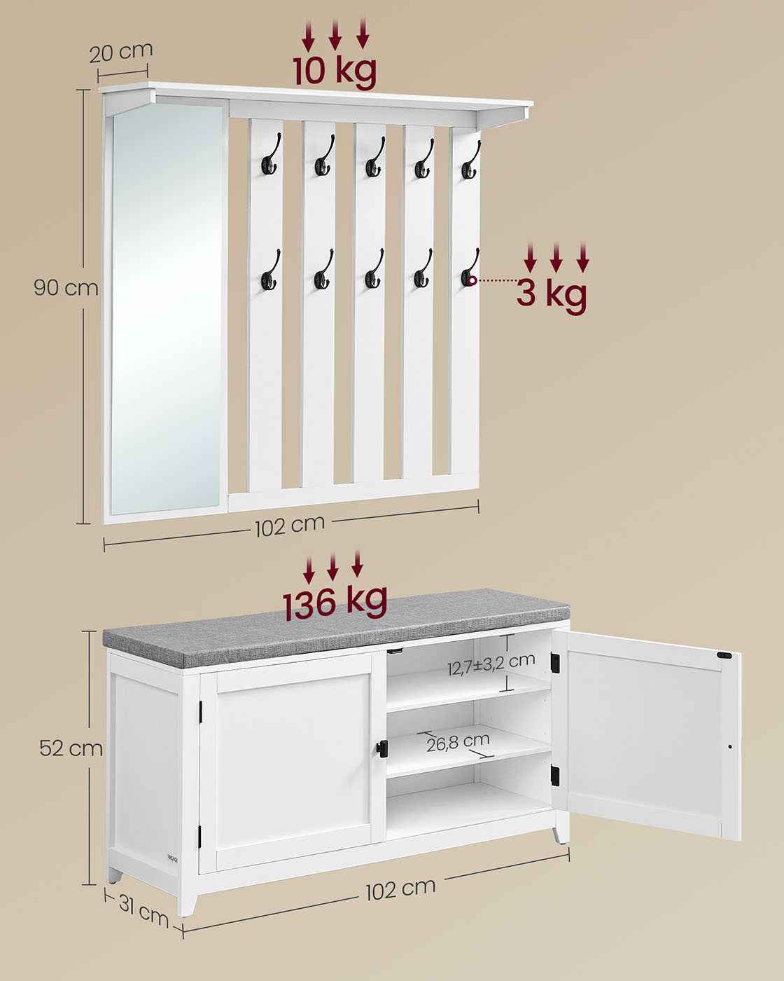 Suoliuko ir sieninės kabyklos rinkinys, 102 cm pločio