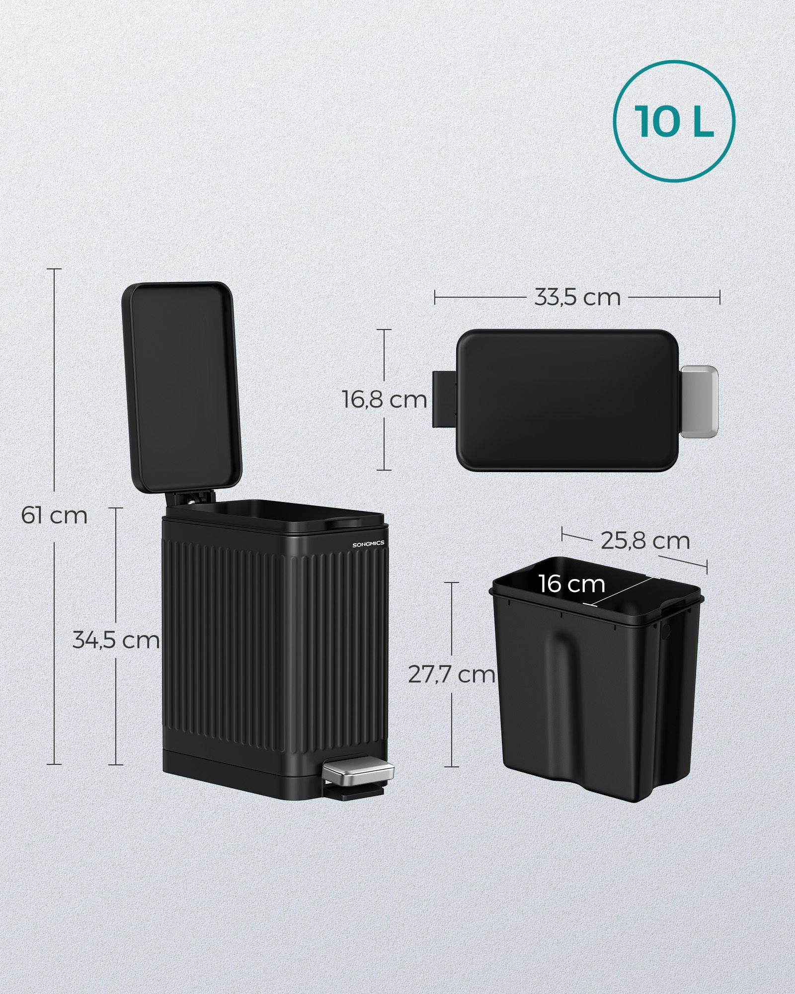 Šiukšliadėžė su dangčiu, 10 l, juoda
