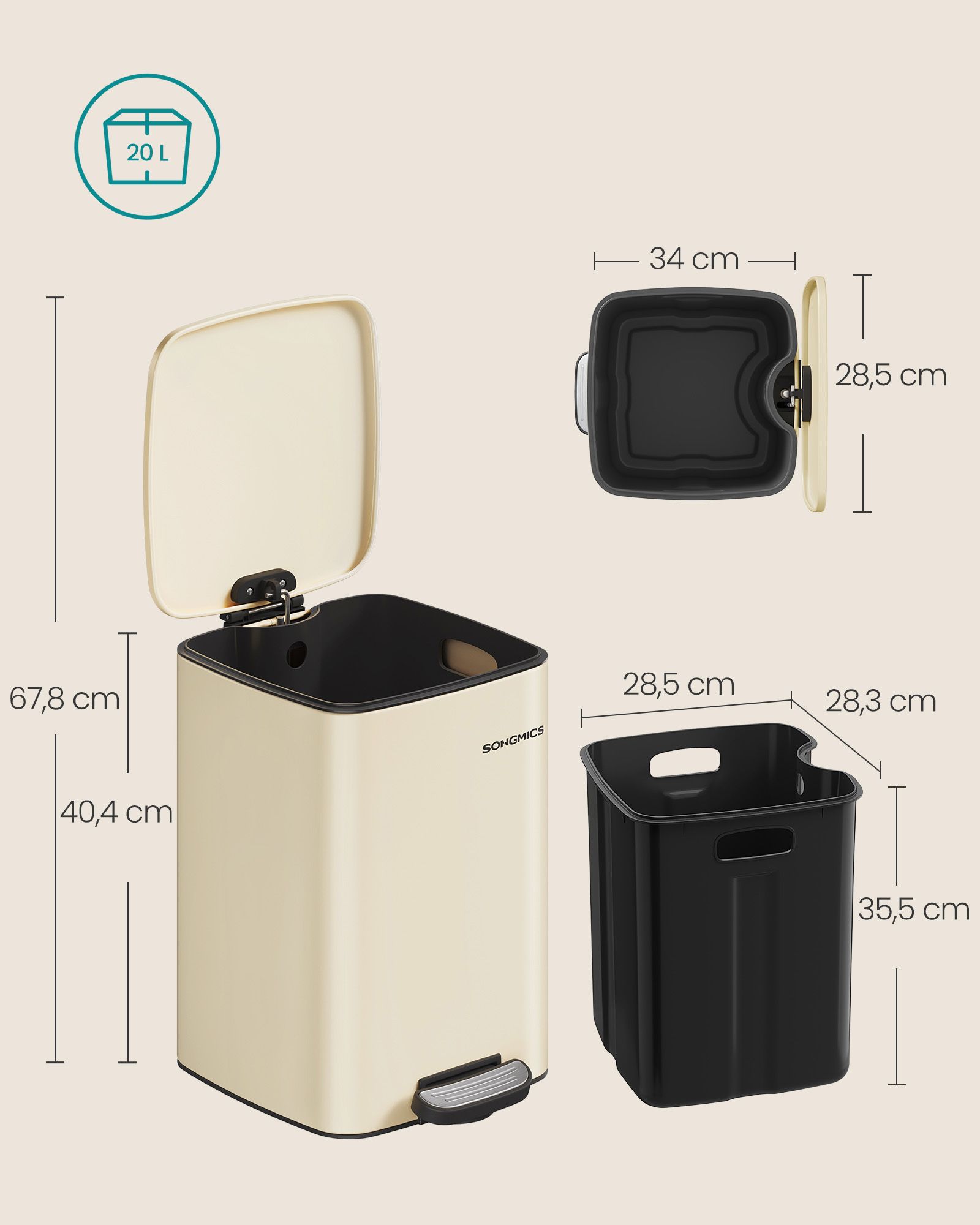 Šiukšliadėžė 20 l plieninė smėlio spalvos