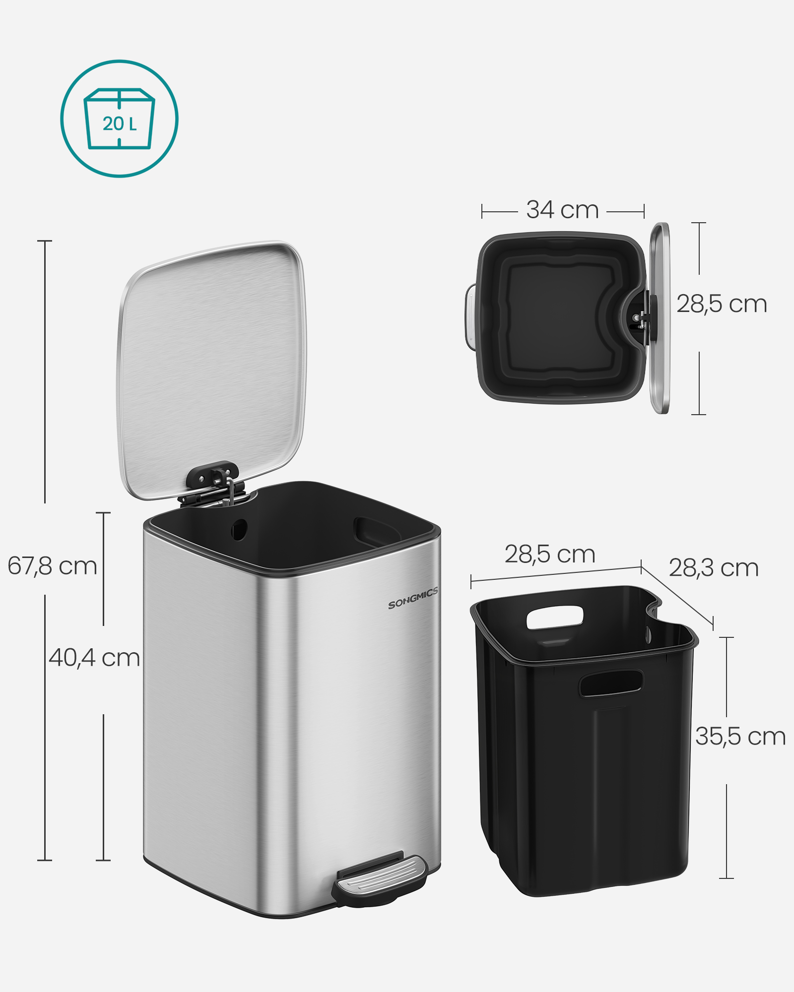Šiukšliadėžė 20 L iš plieno, metalinė